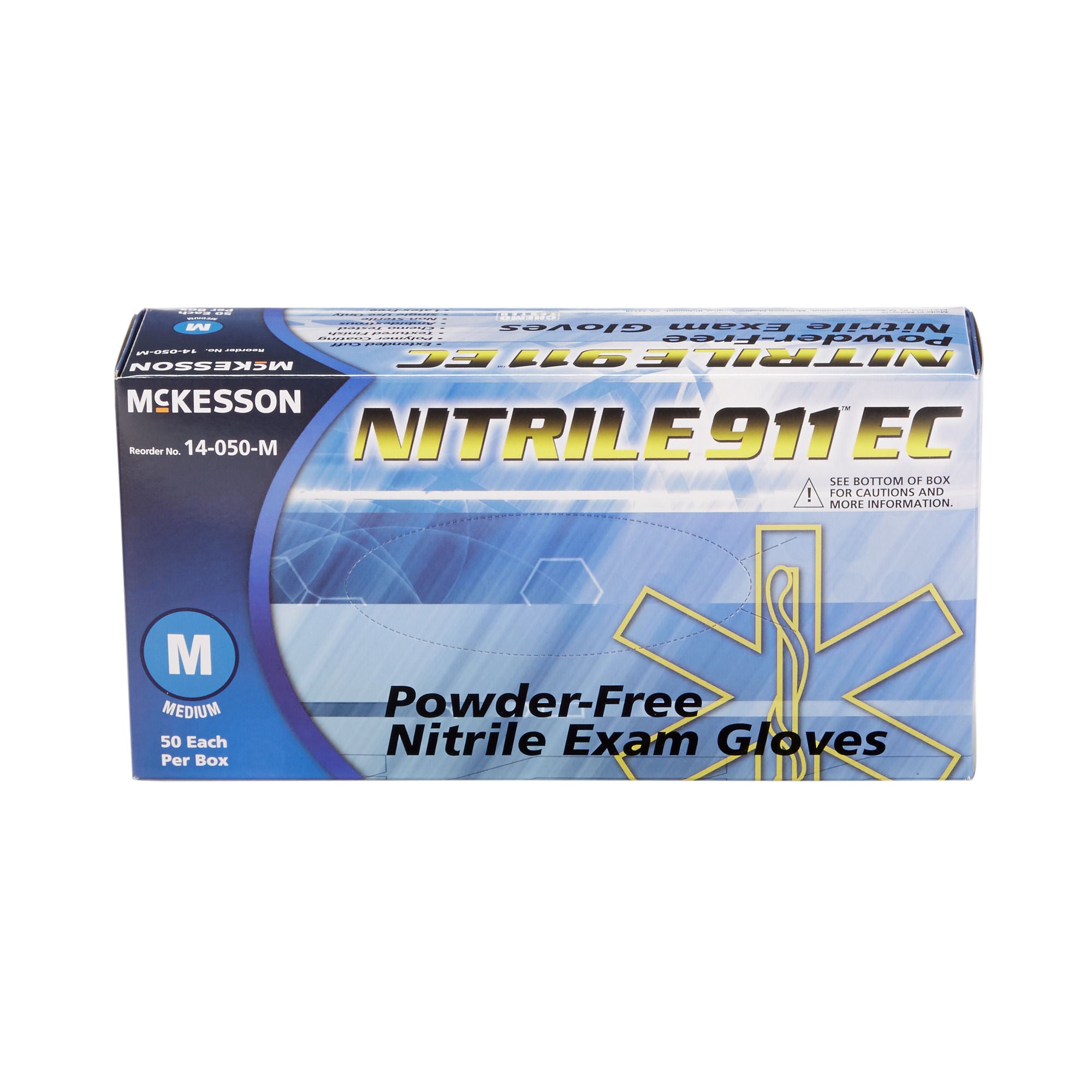 McKesson Brand - 14-050-M Exam Glove McKesson NITRILE 911™ EC Medium 50 per Box NonSterile Nitrile Extended Cuff Length Textured Fingertips Blue Chemo Tested