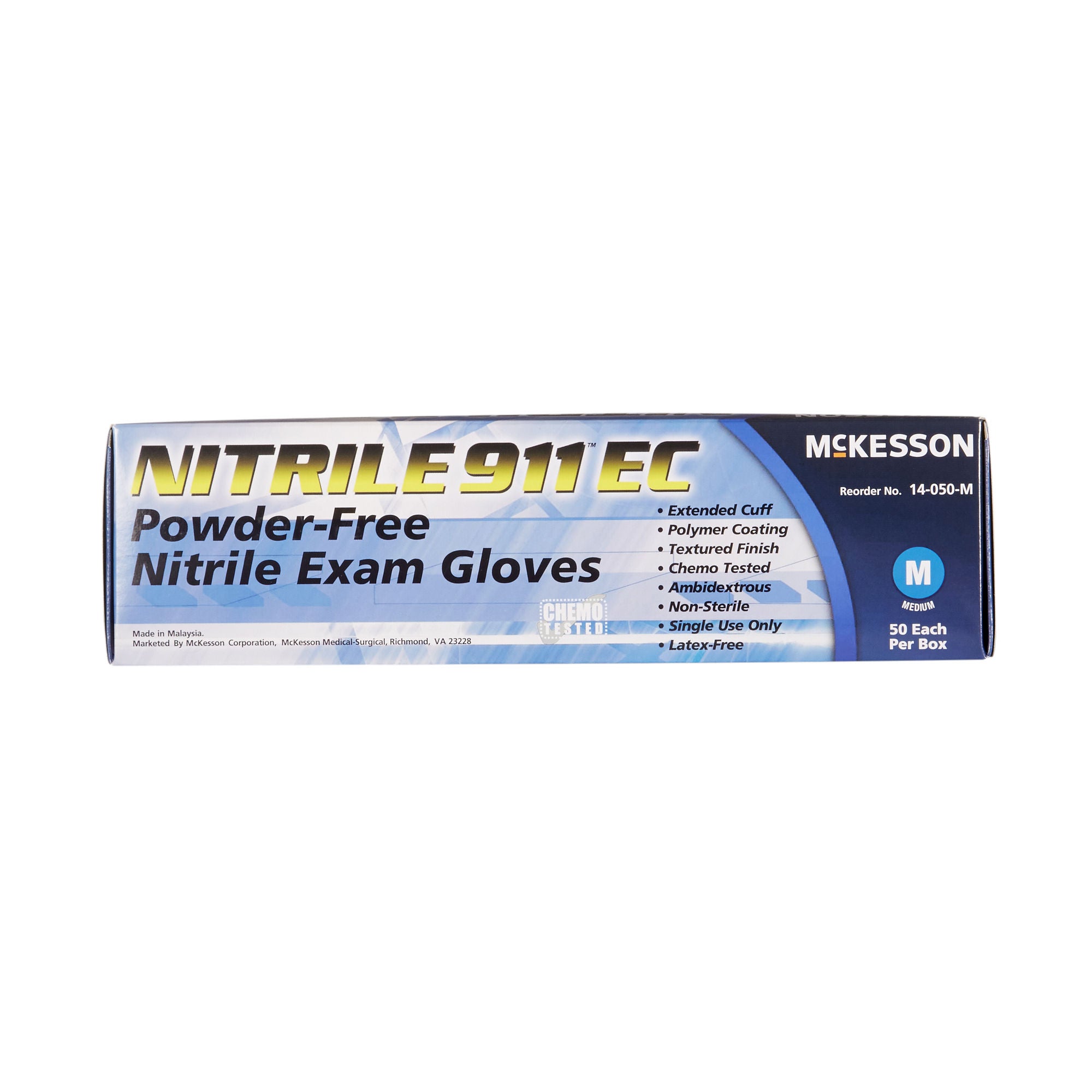 McKesson Brand - 14-050-M Exam Glove McKesson NITRILE 911™ EC Medium 50 per Box NonSterile Nitrile Extended Cuff Length Textured Fingertips Blue Chemo Tested