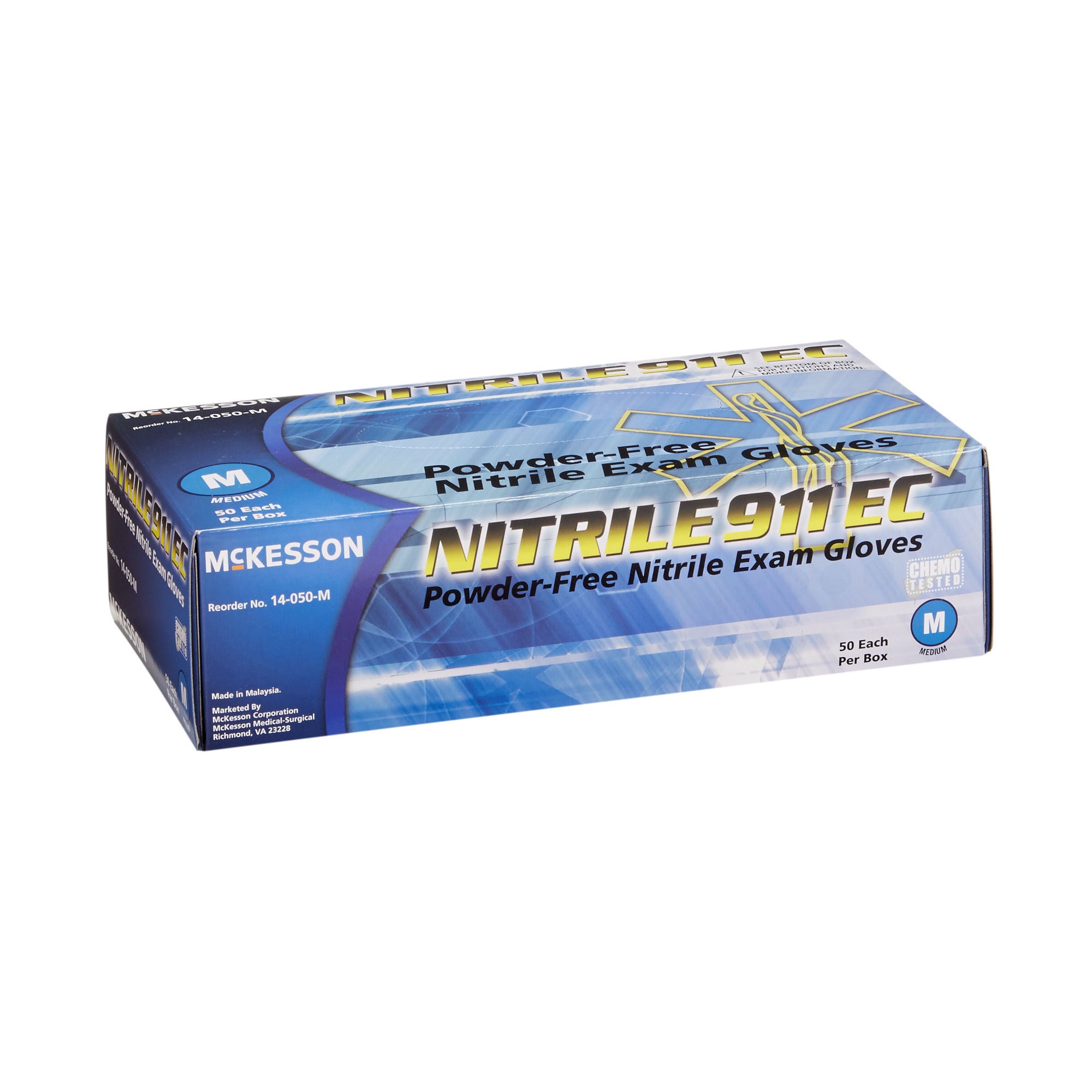 McKesson Brand - 14-050-M Exam Glove McKesson NITRILE 911™ EC Medium 50 per Box NonSterile Nitrile Extended Cuff Length Textured Fingertips Blue Chemo Tested
