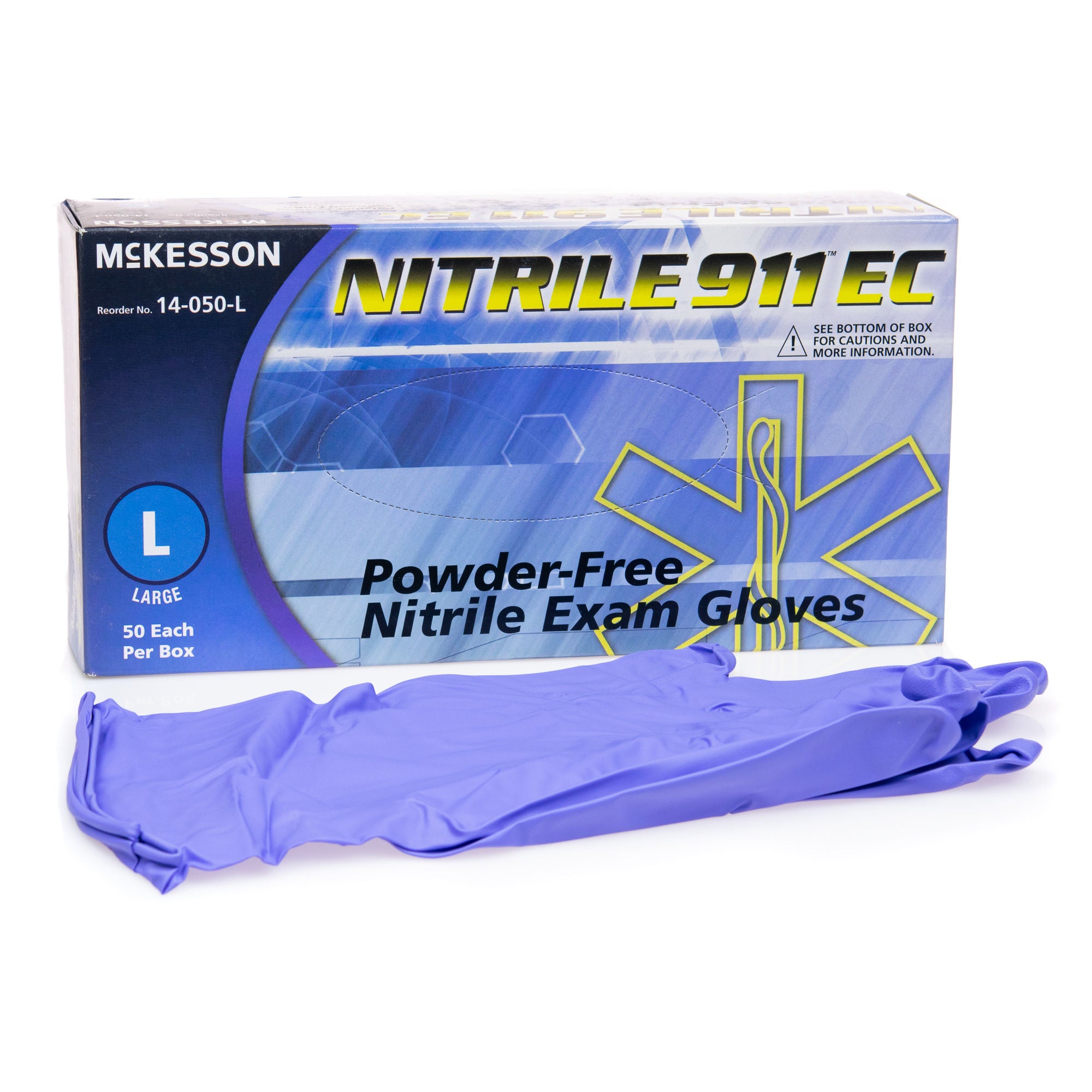 McKesson Brand - 14-050-L Exam Glove McKesson NITRILE 911™ EC Large 50 per Box NonSterile Nitrile Extended Cuff Length Textured Fingertips Blue Chemo Tested