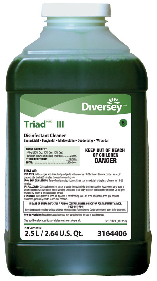 Essendant Co-United Stationers - DVS3164406 Surface Disinfectant Cleaner Diversey™ Triad™ III Quaternary Based J-Fill® Dispensing Systems Liquid Concentrate 2.5 Liter Bottle Mint Scent NonSterile