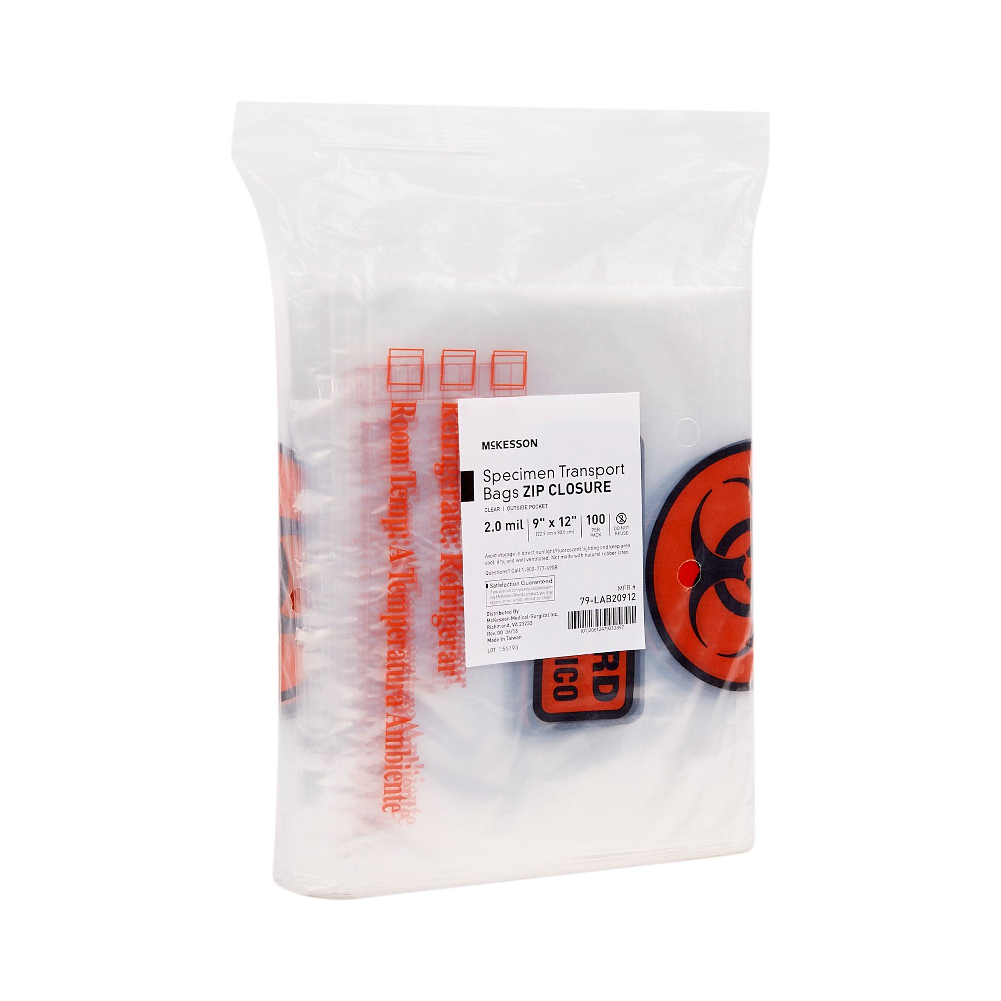 McKesson Brand 79-LAB20912 - McKesson Specimen Transport Bag with Document Pouch, Zip Closure, 9 x 12 Inch - 1/Pack, 10/Case