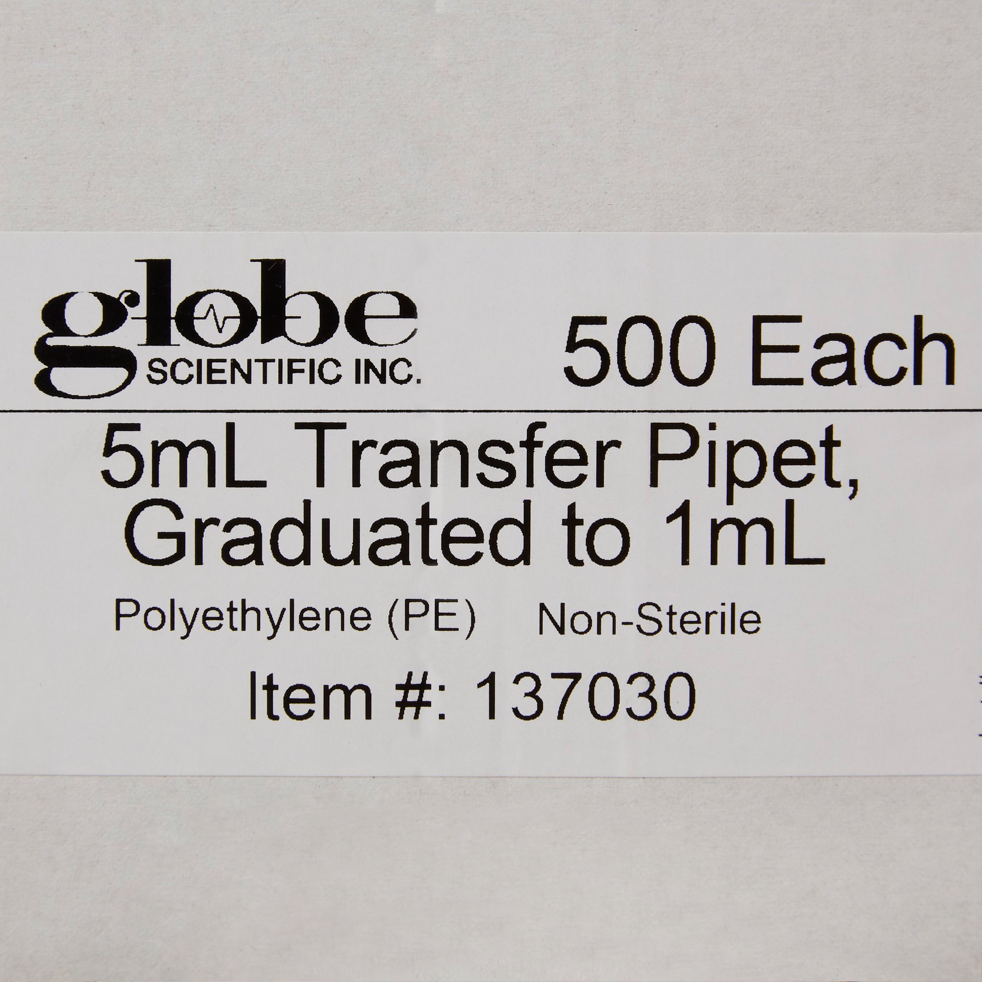 Globe Scientific 137030 - Globe Scientific Transfer Pipette, 5 mL, 3.4 mL Draw Volume - 500/Box, 5000/Case