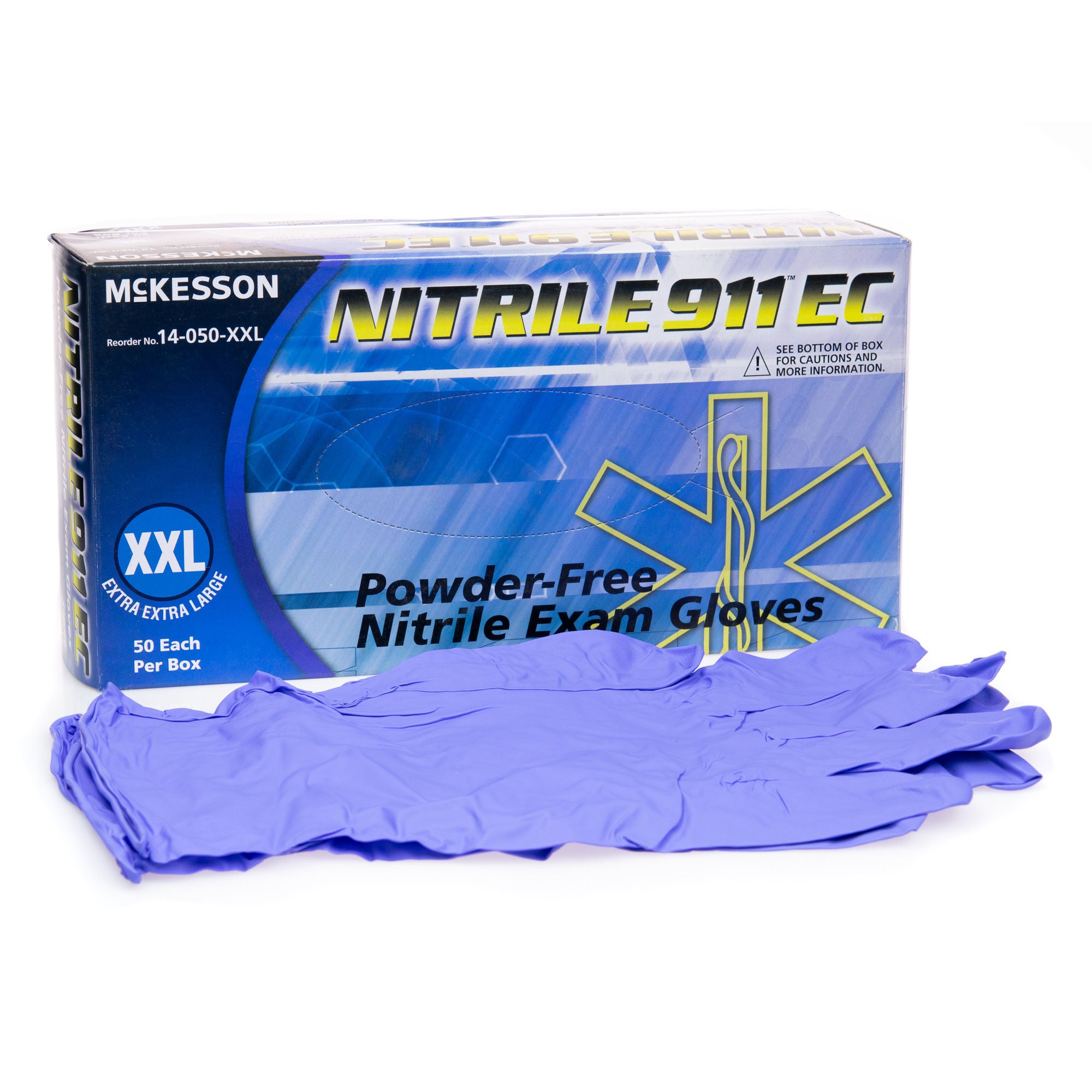 McKesson Brand - 14-050-XXL Exam Glove McKesson NITRILE 911™ EC 2X-Large 50 per Box NonSterile Nitrile Extended Cuff Length Textured Fingertips Blue Chemo Tested