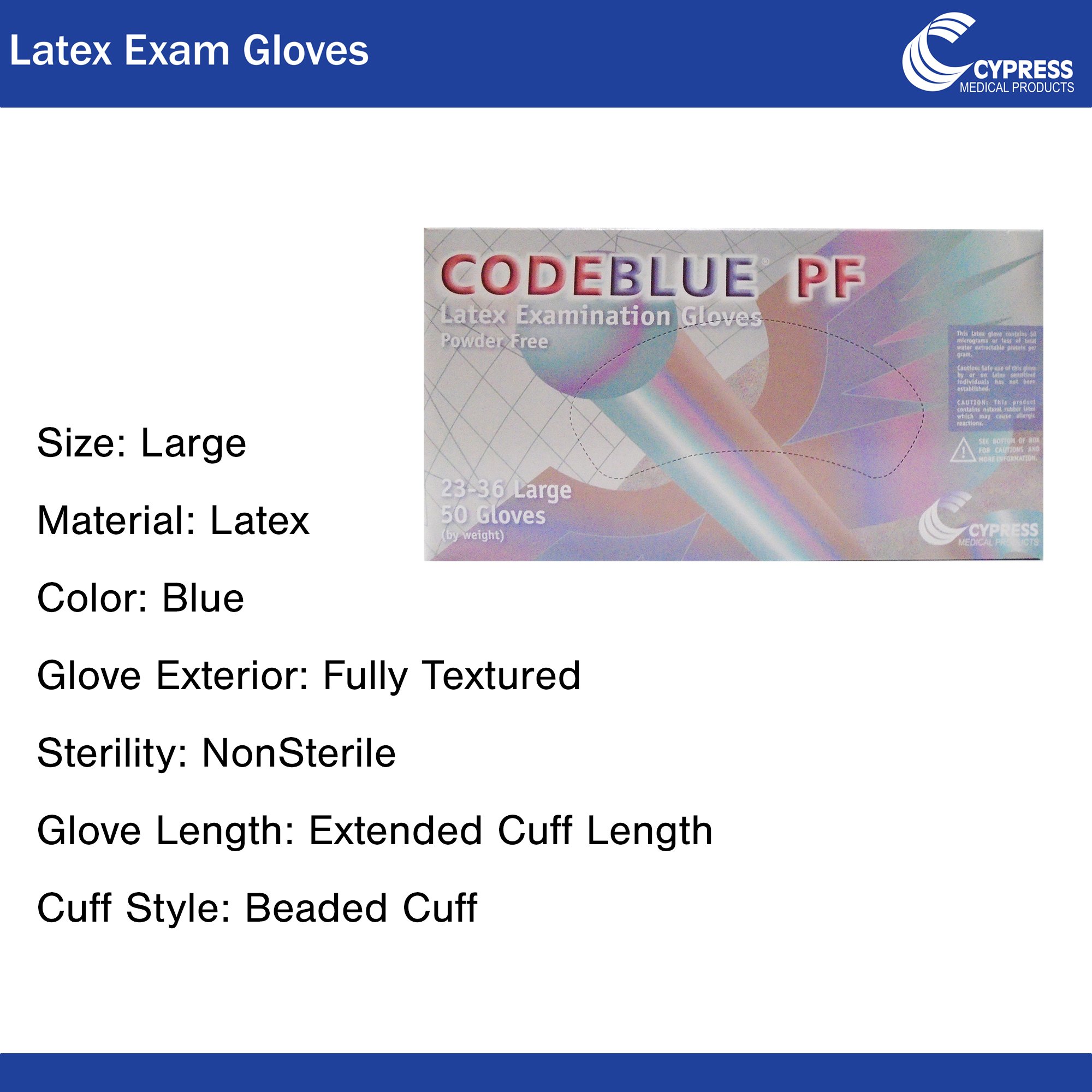 McKesson Brand 23-36 - CodeBlue® PF Latex Extended Cuff Length Exam Glove, Large, Blue - 1/Box, 10/Case