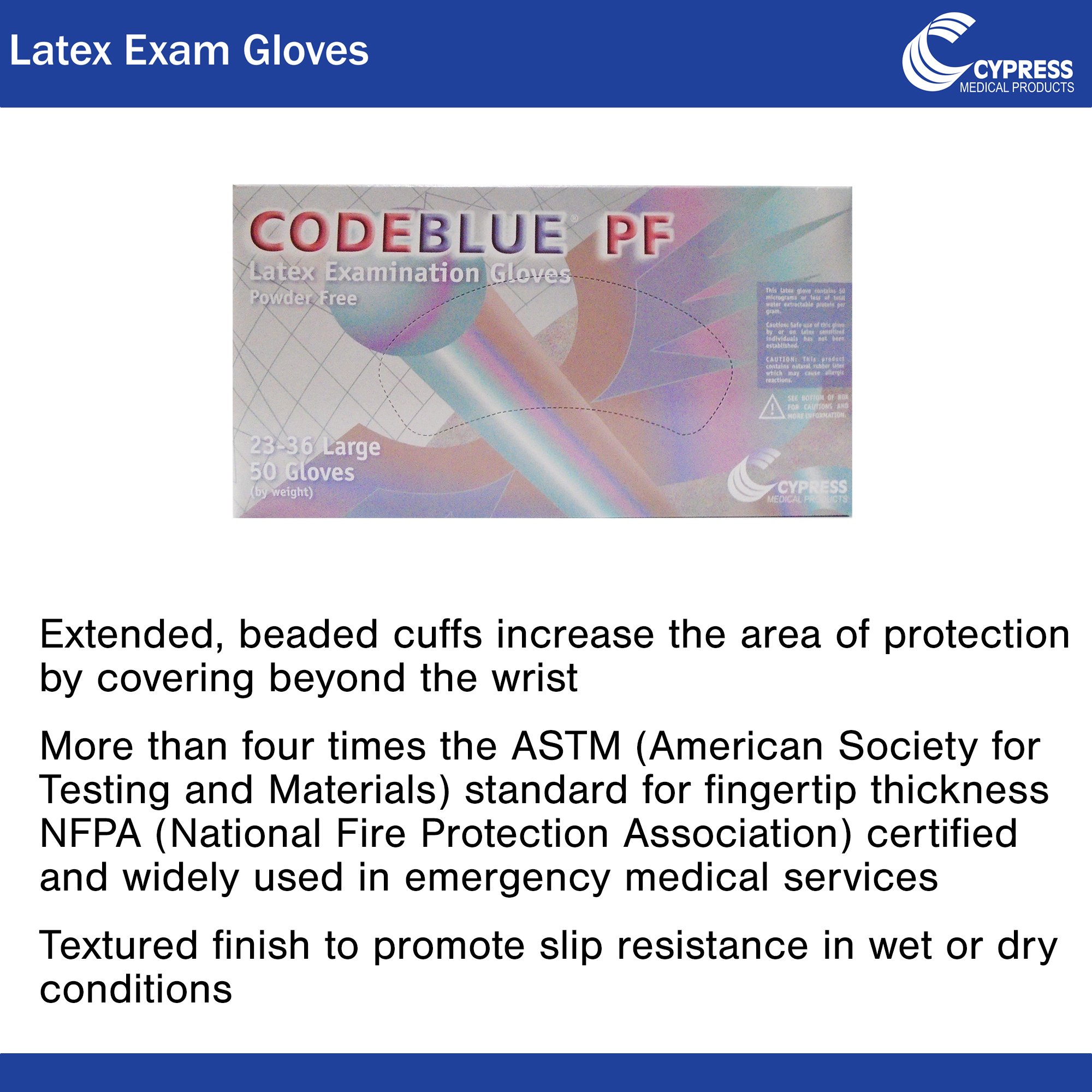 McKesson Brand 23-36 - CodeBlue® PF Latex Extended Cuff Length Exam Glove, Large, Blue - 1/Box, 10/Case
