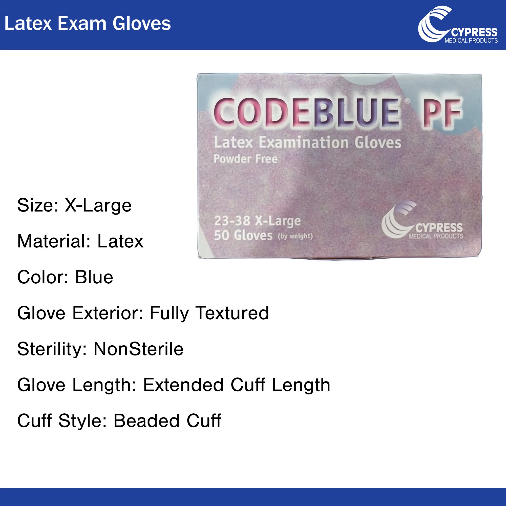 McKesson Brand 23-38 - CodeBlue® PF Latex Extended Cuff Length Exam Glove, Extra Large, Blue - 1/Box, 10/Case