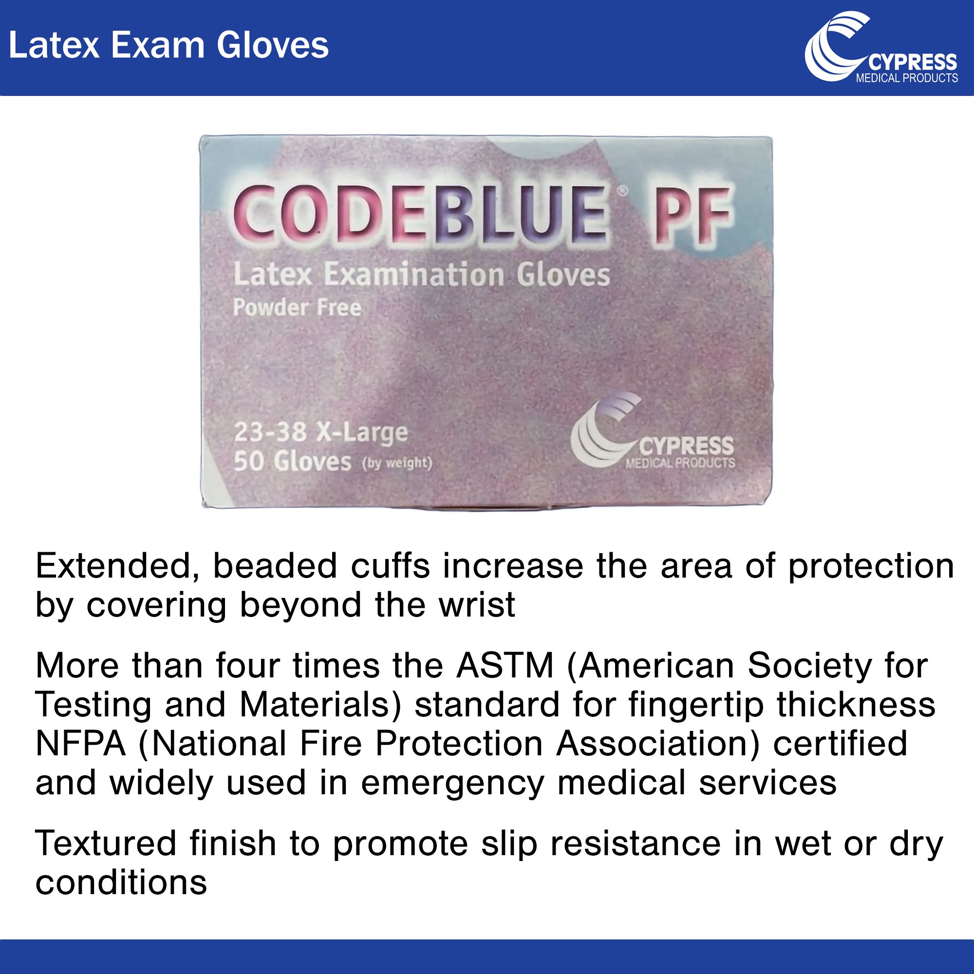 McKesson Brand 23-38 - CodeBlue® PF Latex Extended Cuff Length Exam Glove, Extra Large, Blue - 1/Box, 10/Case