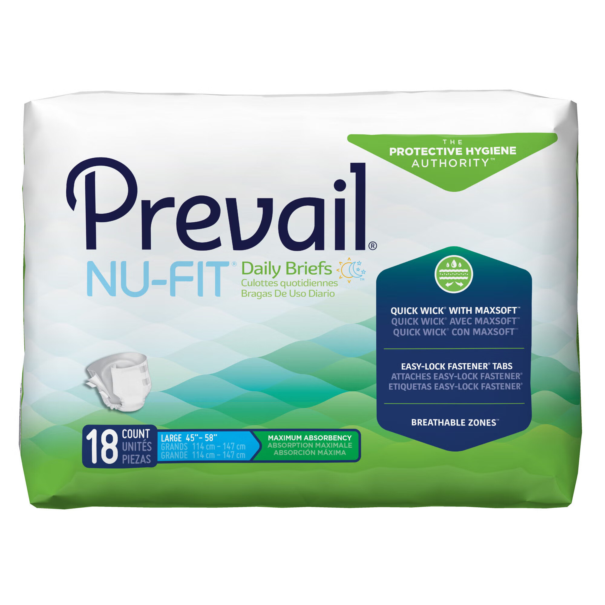 First Quality Products LLC - NU-013-1 Incontinence Brief Prevail® Nu-Fit® Adult Large Unisex Disposable Heavy Absorbency