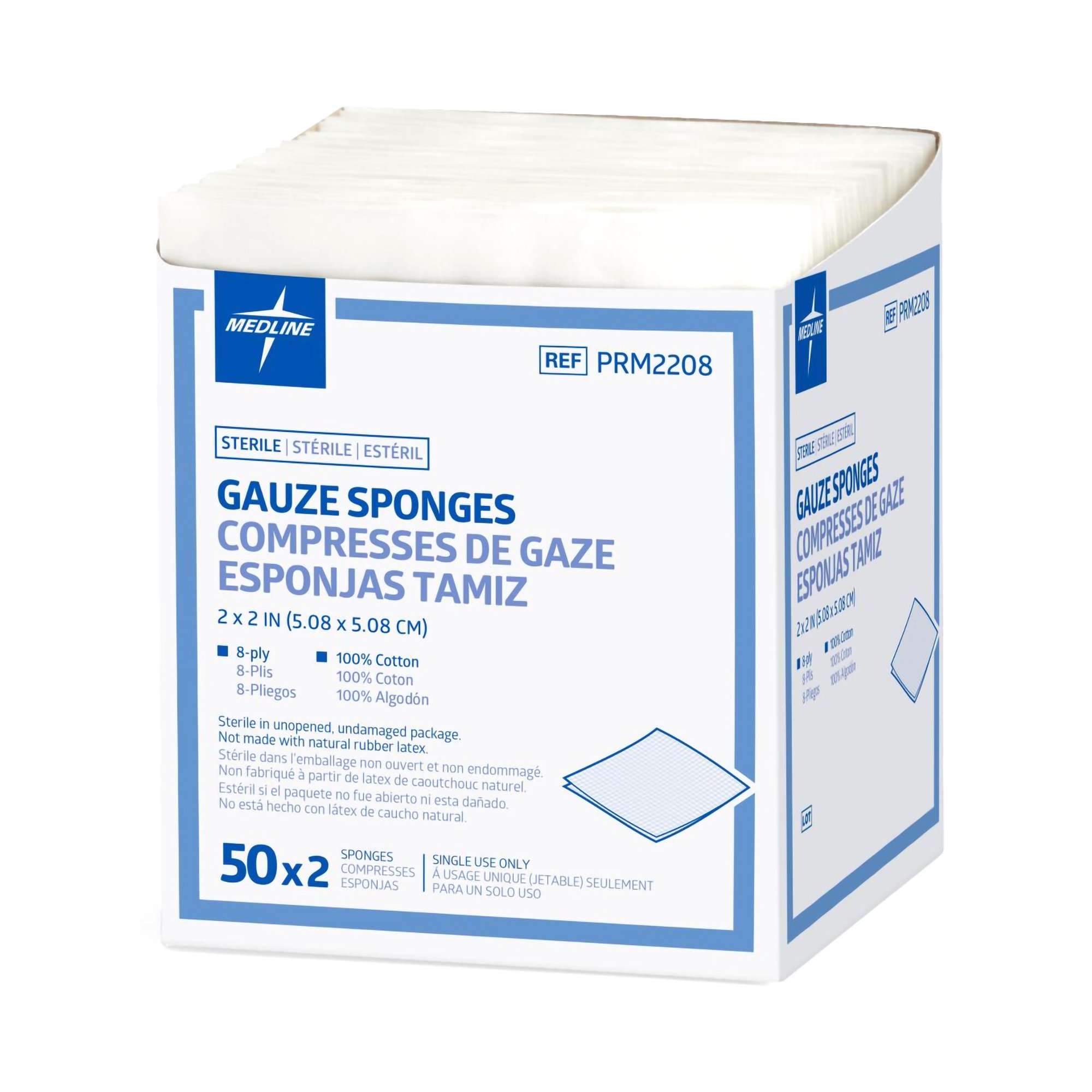 Medline PRM2208 - Caring® Sterile Gauze Sponge, 2 x 2 Inch, 8-Ply - 50/Box, 1500/Case