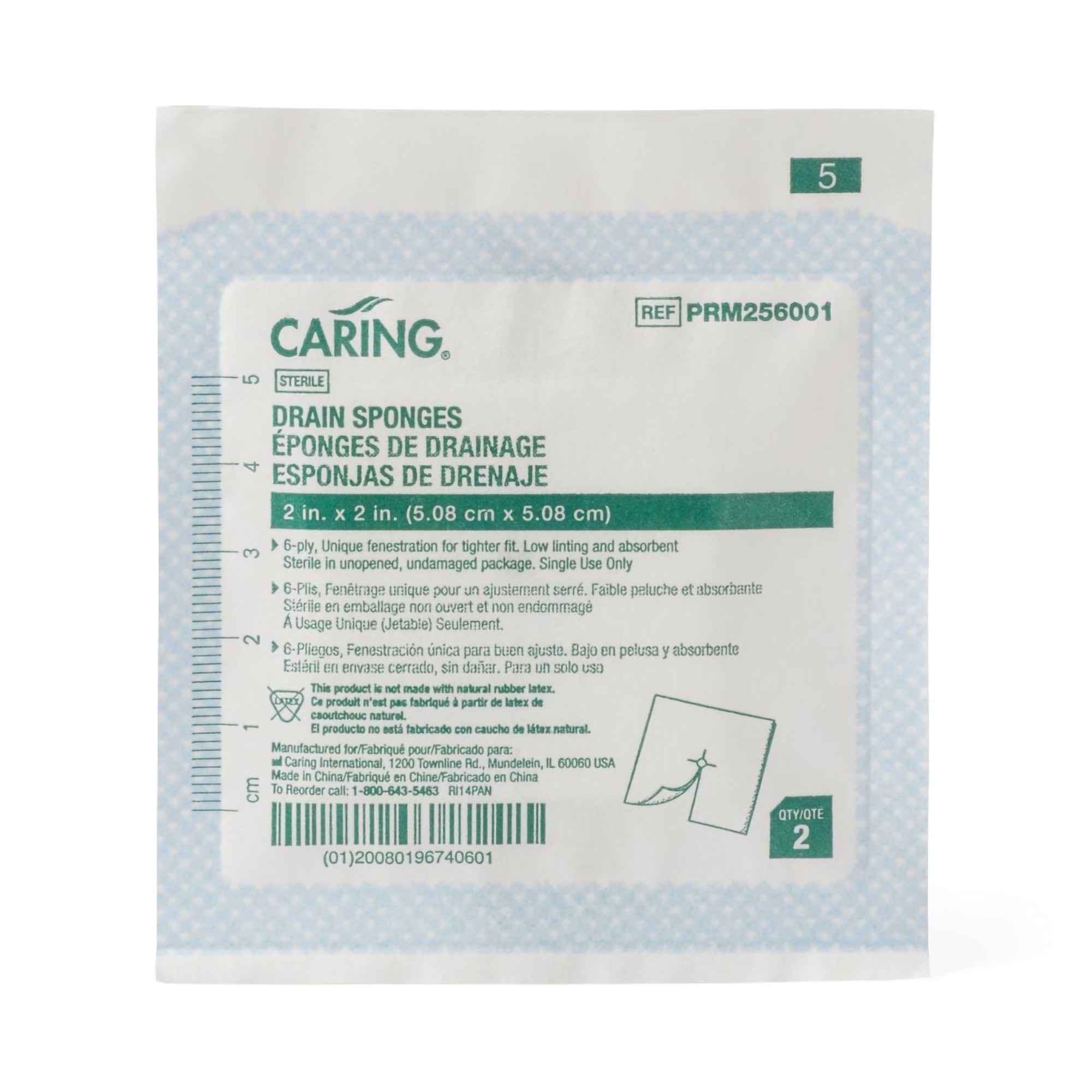 Medline PRM256001 - Caring® Drain Sponge, 2 x 2 Inch, 6-Ply - 35/Box, 700/Case