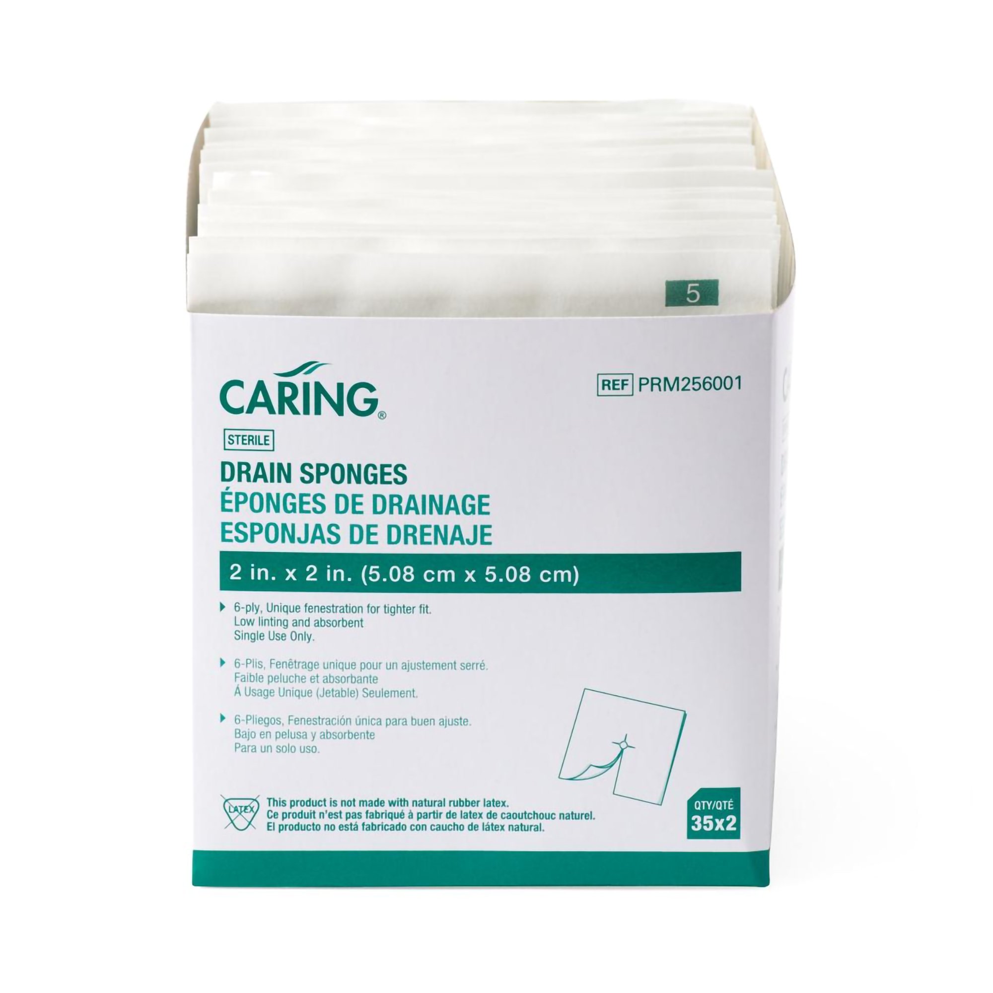 Medline PRM256001 - Caring® Drain Sponge, 2 x 2 Inch, 6-Ply - 35/Box, 700/Case