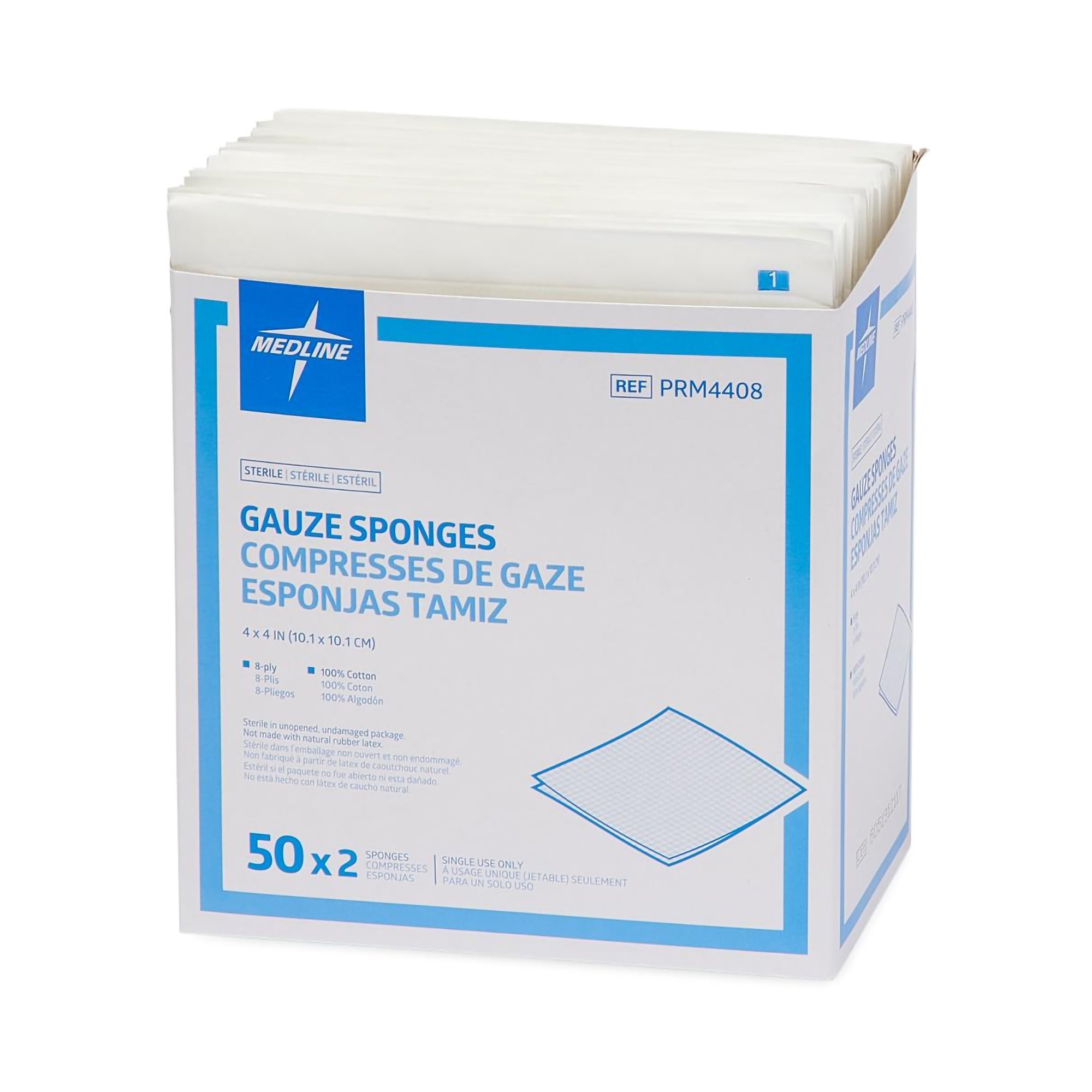 Medline PRM4408 - Caring® Sterile Gauze Sponge, 4 x 4 Inch, 8-Ply - 1/Pack, 50/Box, 600/Case