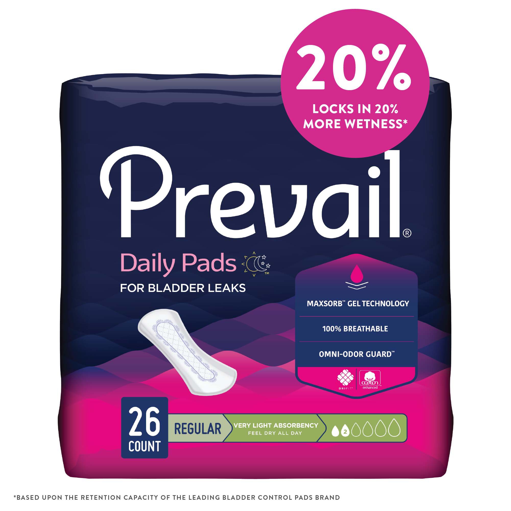 First Quality Products LLC PV-926 - Prevail® Daily Liner Very Light Bladder Control Pad, 7.5-Inch Length - 26/Bag, 312/Case