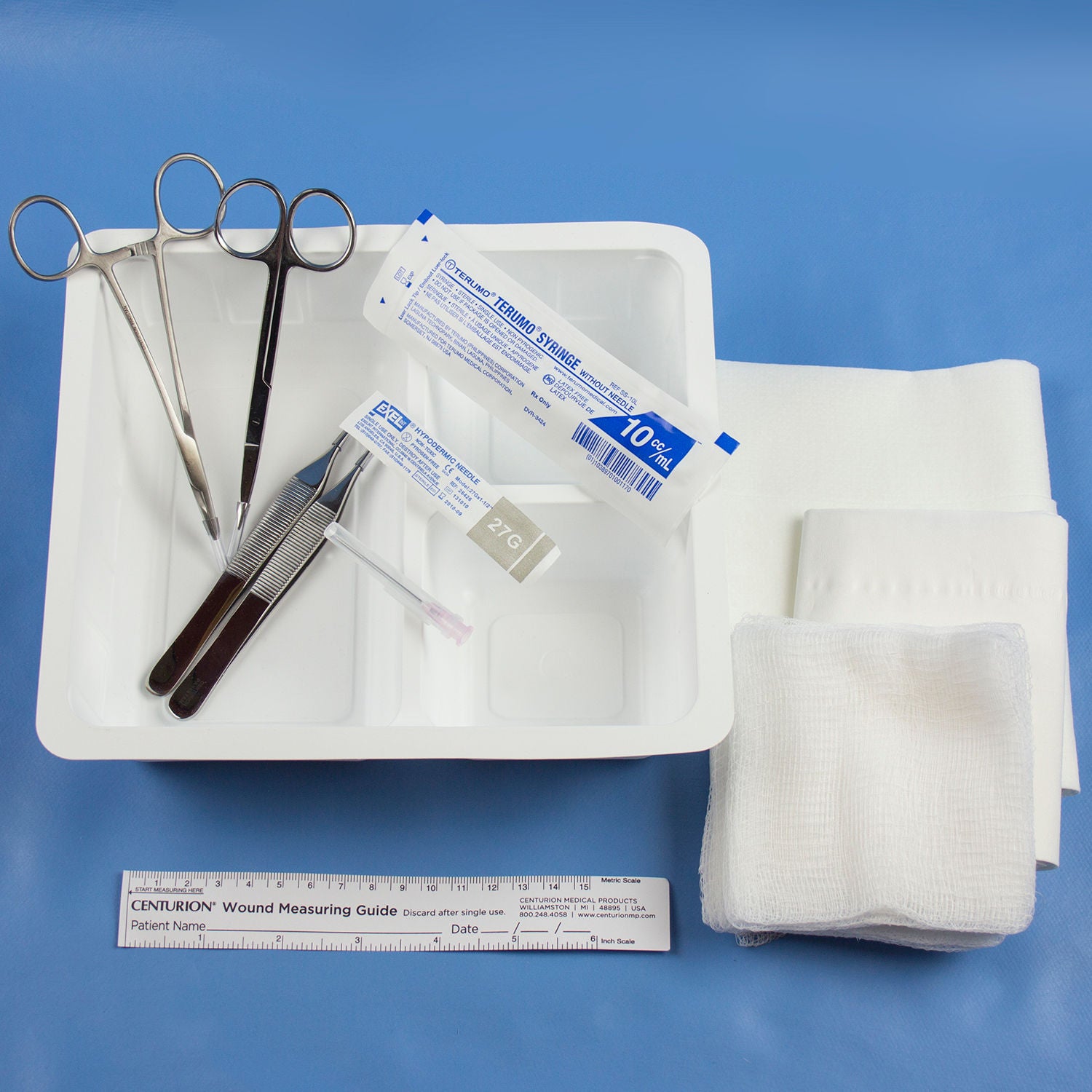 Medline - SUT14375 Suture Set Centurion® (1) Tray, 3 Compartment, (1) Webster Snag Free Needle Holder, (1) Iris Scissor Curved, (1) Adson Forcep 1:2 Teeth, (1) Adson Forcep Serrated, (10) Gauze Sponge 8-Ply 4 X 4 Inch,