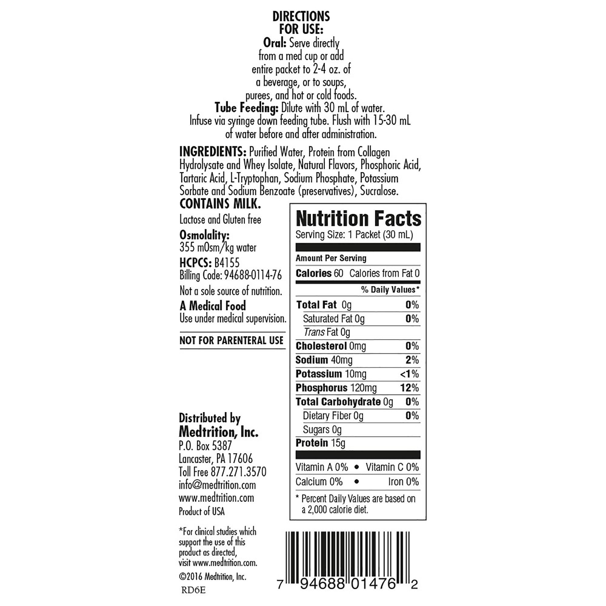 Medtrition-National Nutrition 11476 - ProSource NoCarb™ Collagen and Whey Protein Formula - 1/Each, 100/Case