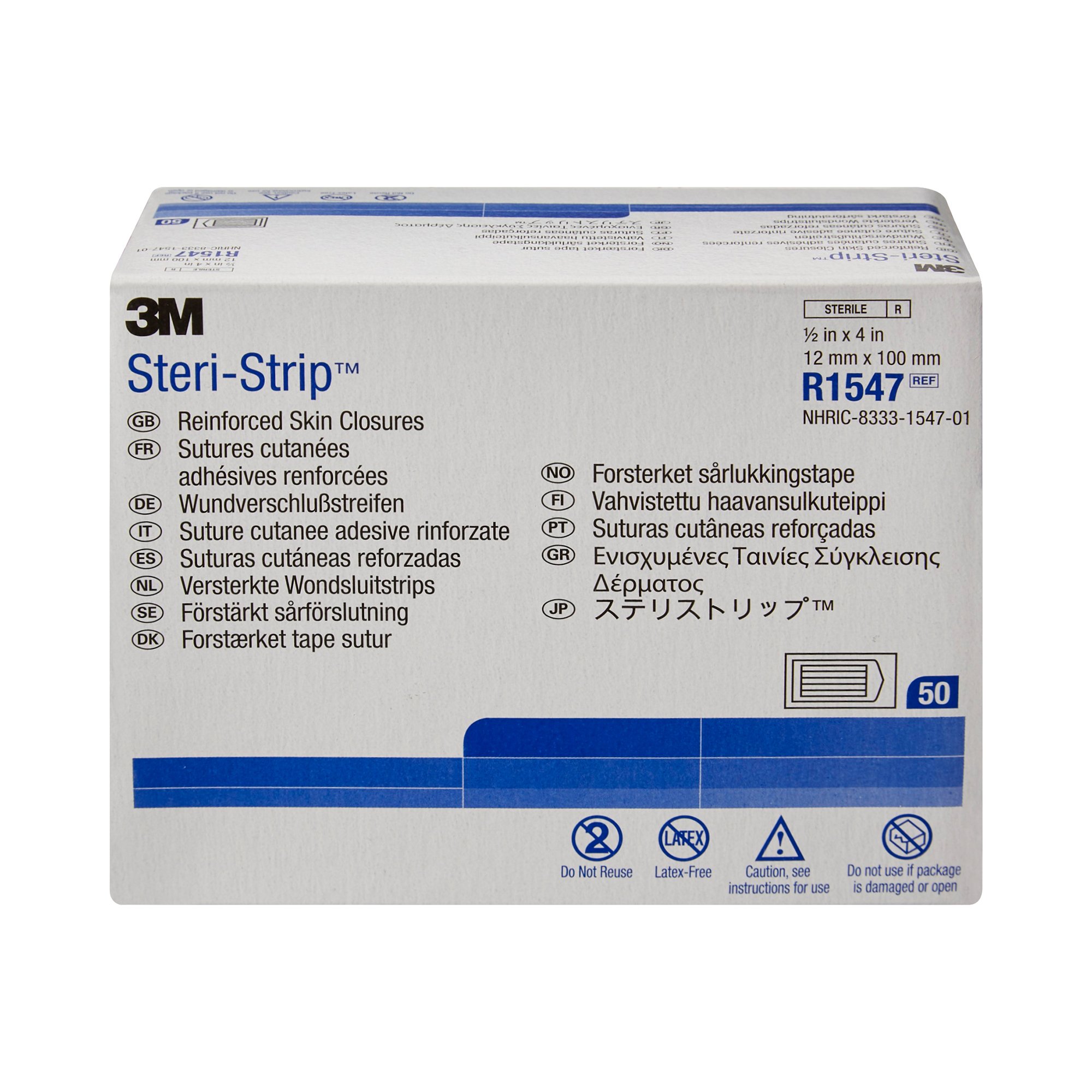 Solventum Corporation R1547 - 3M Steri-Strip Skin Closure Strips, 1/2 x 4 inch, Reinforced Strip, White - 1/Pack, 50/Box, 200/Case