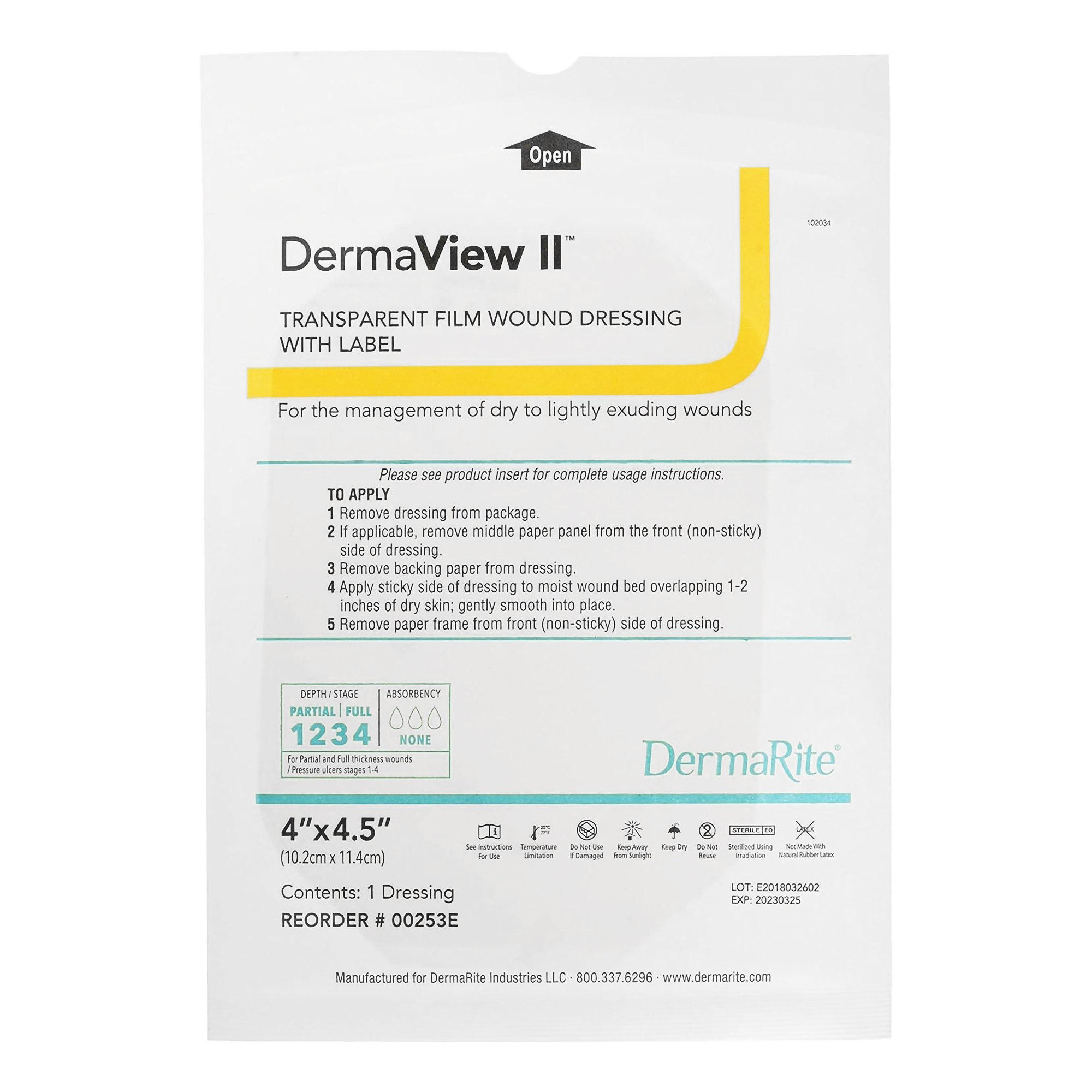 Sion Brands LLC 00253E - DermaView II™ Transparent Film Dressing with Border, 4 x 4.5 Inch - 1/Each, 50/Box