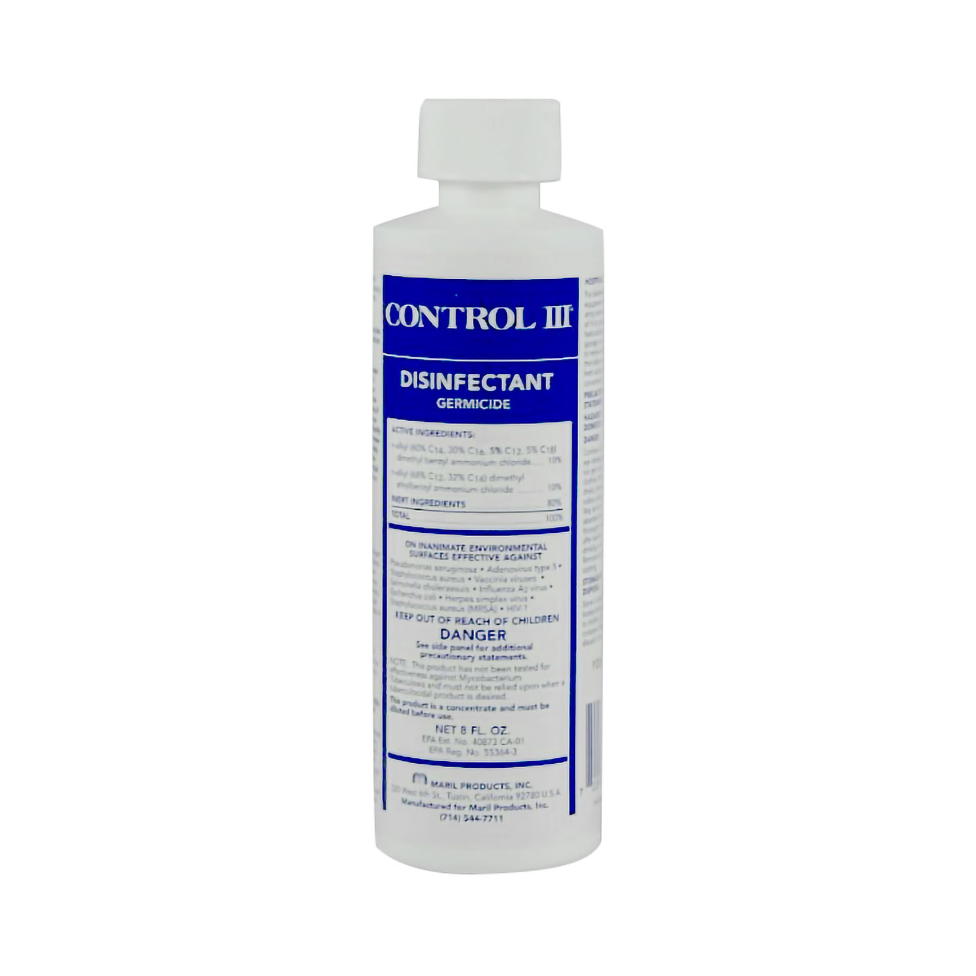 Maril Products - C3-DISH-12 Surface Disinfectant Cleaner Control III® Disinfectant Germicide Quaternary Based Manual Pour Liquid Concentrate 8 oz. Bottle Benzaldehyde Scent NonSterile
