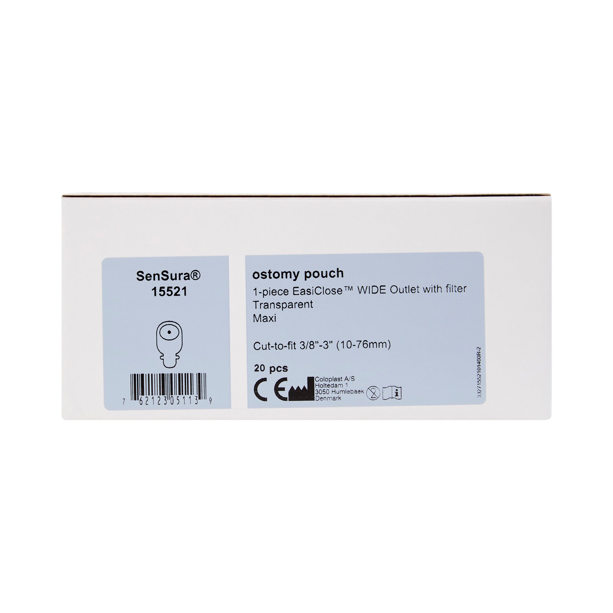 Coloplast 15521 - SenSura® Flat 1-Piece Transparent Ostomy Pouch, Trim to fit 10 – 76 mm Stomas - 20/Box