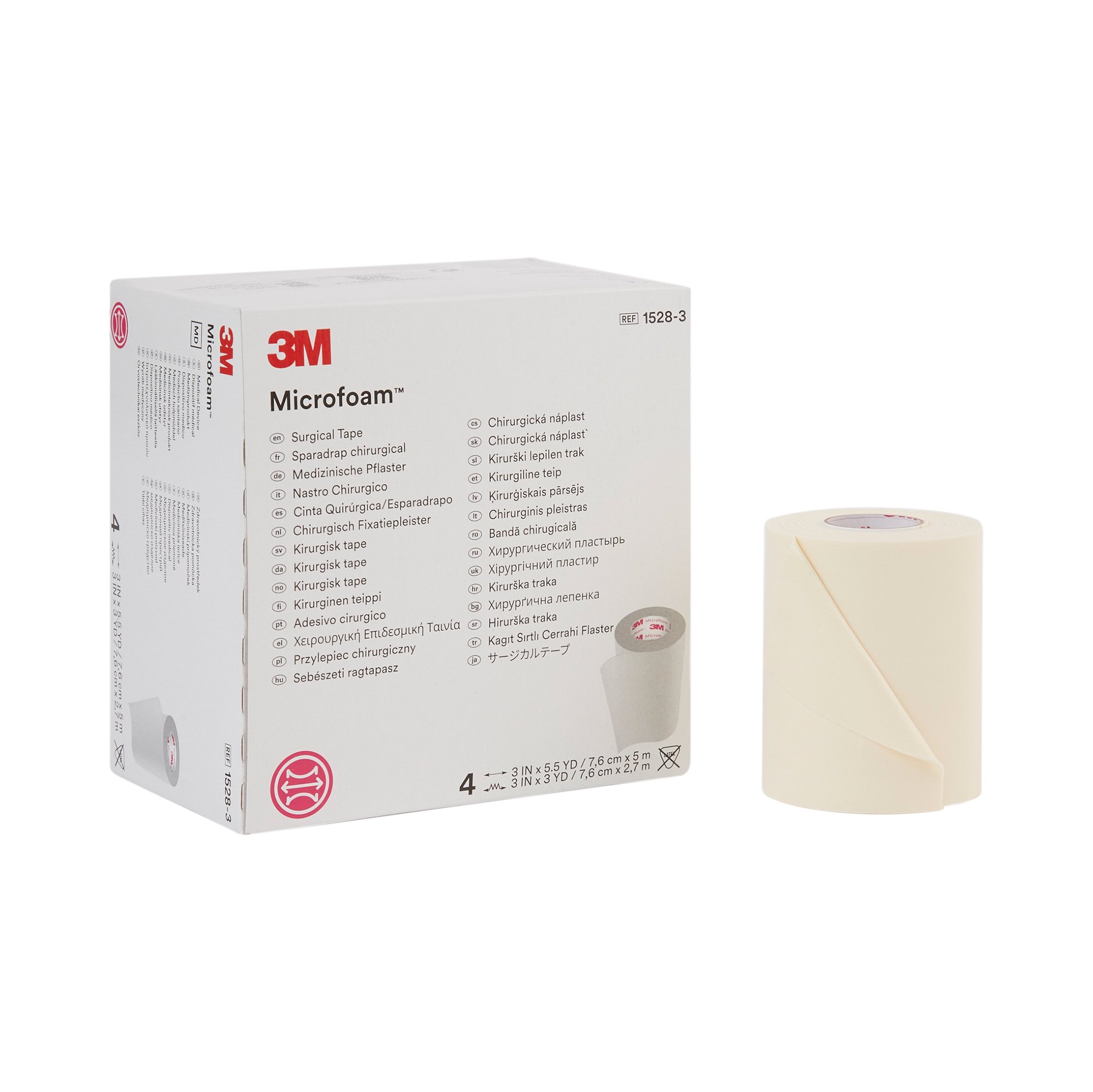 Solventum Corporation 1528-3 - 3M™ Microfoam™ Foam / Acrylic Adhesive Medical Tape, 3 Inch x 5-1/2 Yard, White - 1/Roll, 4/Box, 24/Case