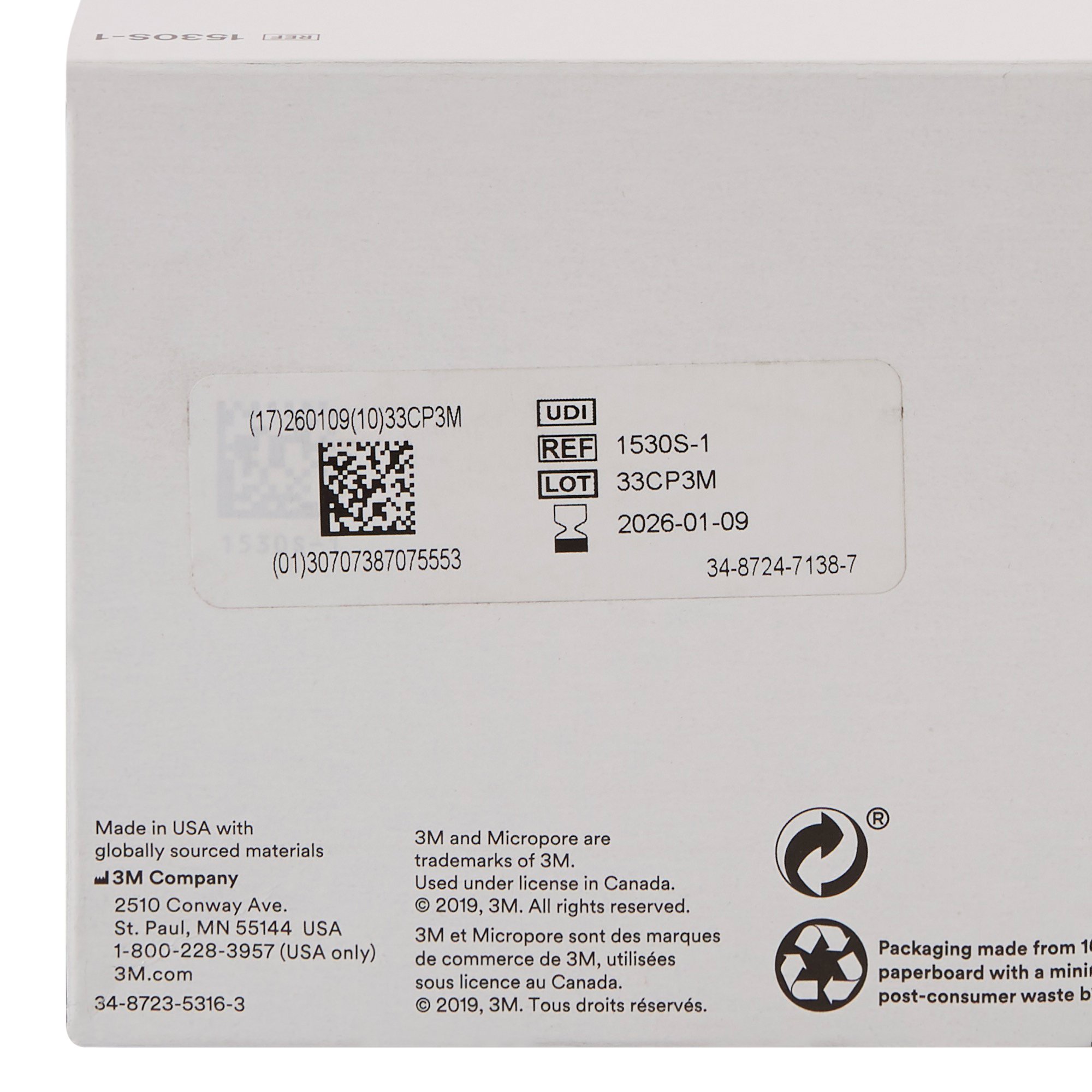 Solventum Corporation 1530S-1 - 3M™ Micropore™ Paper Medical Tape, 1 Inch x 1-1/2 Yard, White - 100/Box, 500/Case