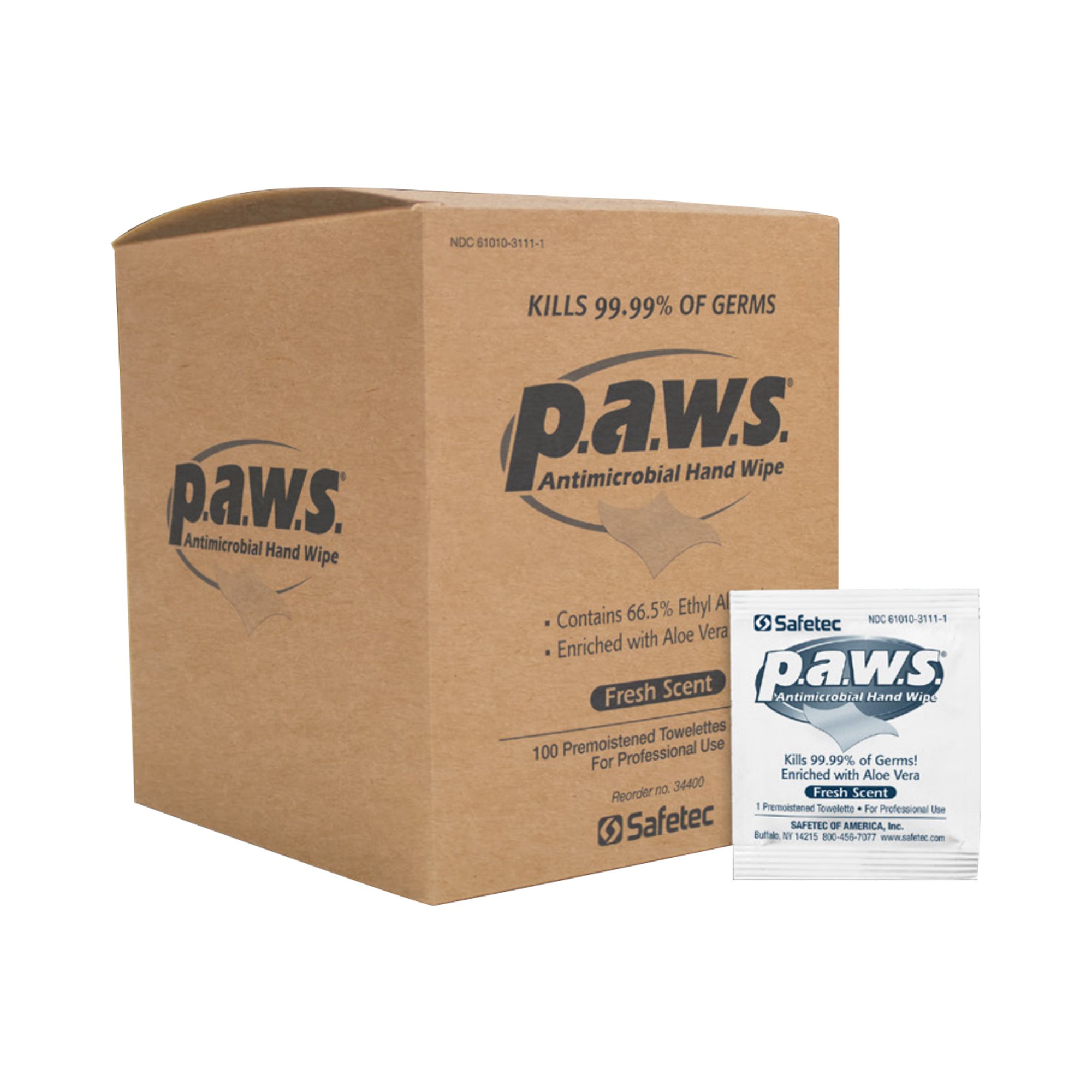 Safetec of America 34400 - P.A.W.S. Hand Sanitizing Wipes, Individual Packets - 1/Each, 100/Box, 1000/Case