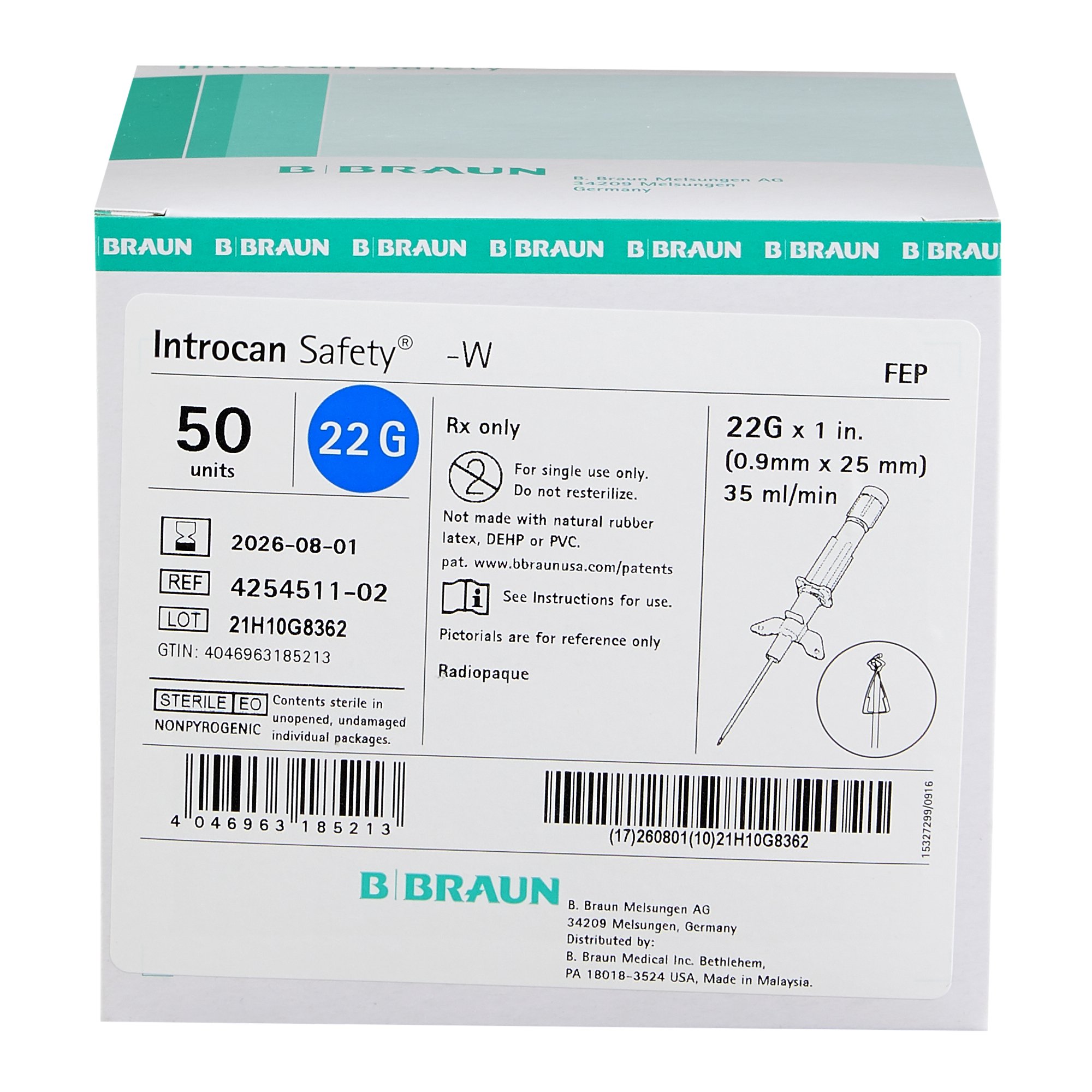 B. Braun 4254511-02 - Introcan Safety® Peripheral IV Catheter, 24 Gauge, Straight, Notched - 50/Box, 200/Case