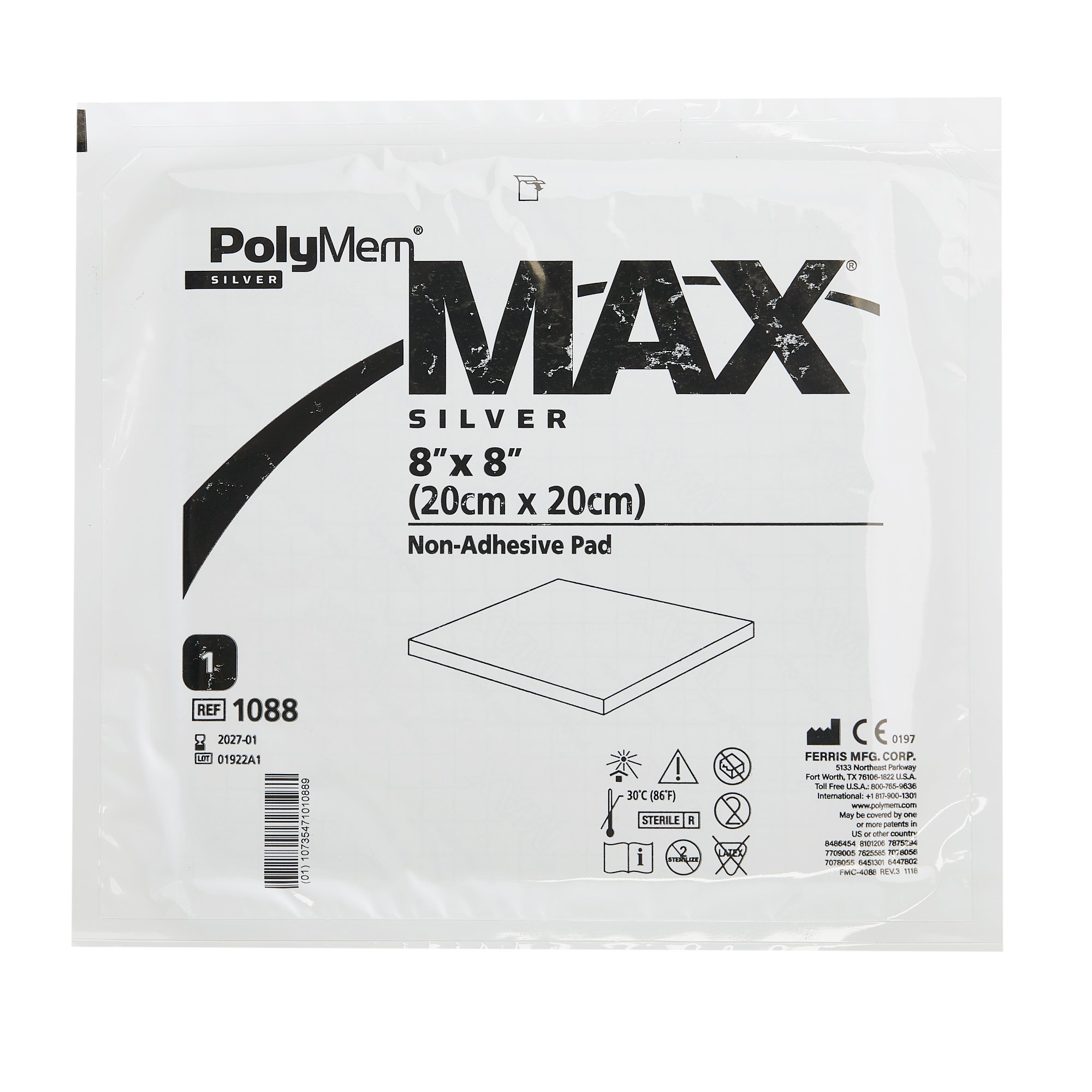 Ferris Manufacturing 1088 - PolyMem® Max Silver Foam Dressing, 8 x 8 Inch - 1/Each, 5/Box, 10/Case