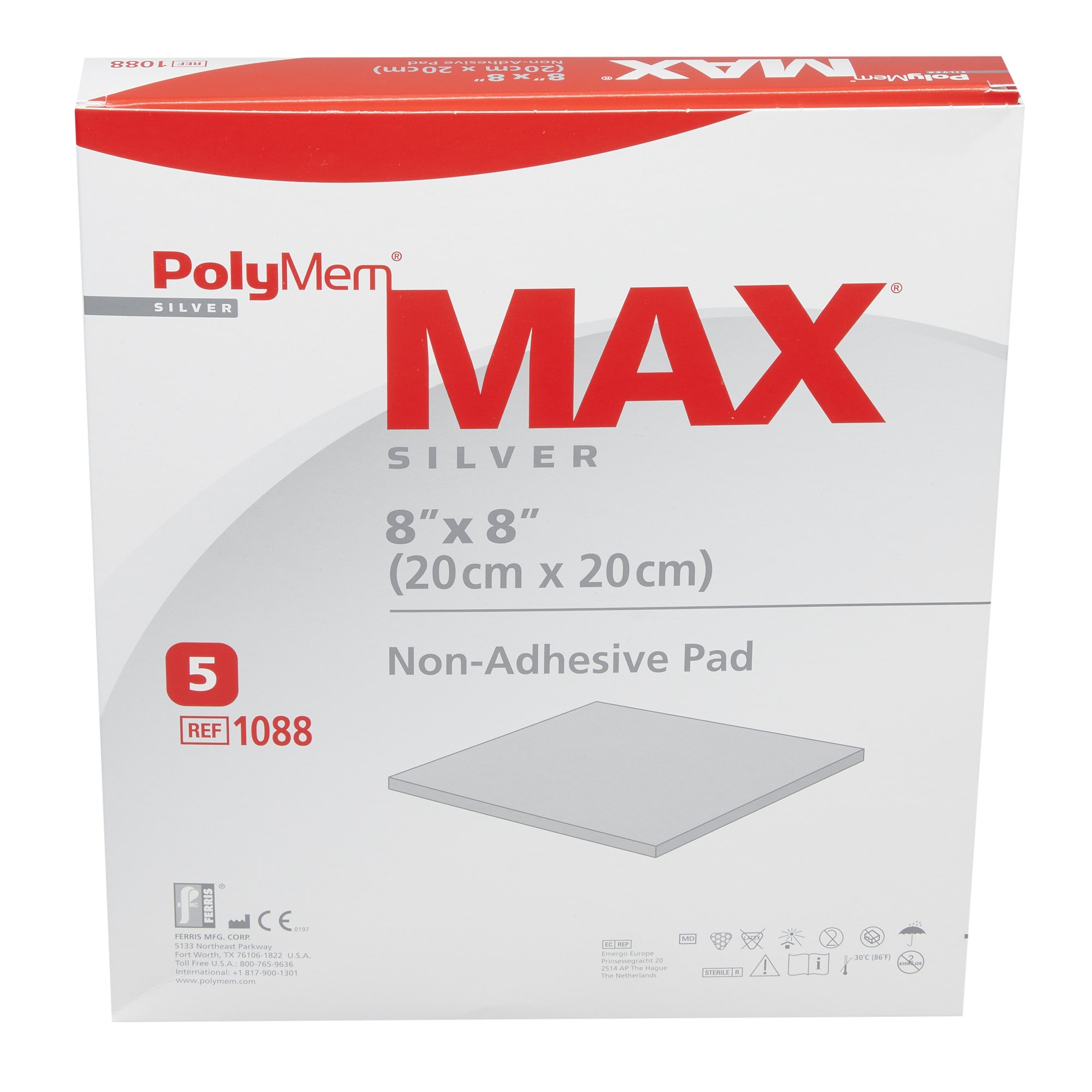 Ferris Manufacturing 1088 - PolyMem® Max Silver Foam Dressing, 8 x 8 Inch - 1/Each, 5/Box, 10/Case