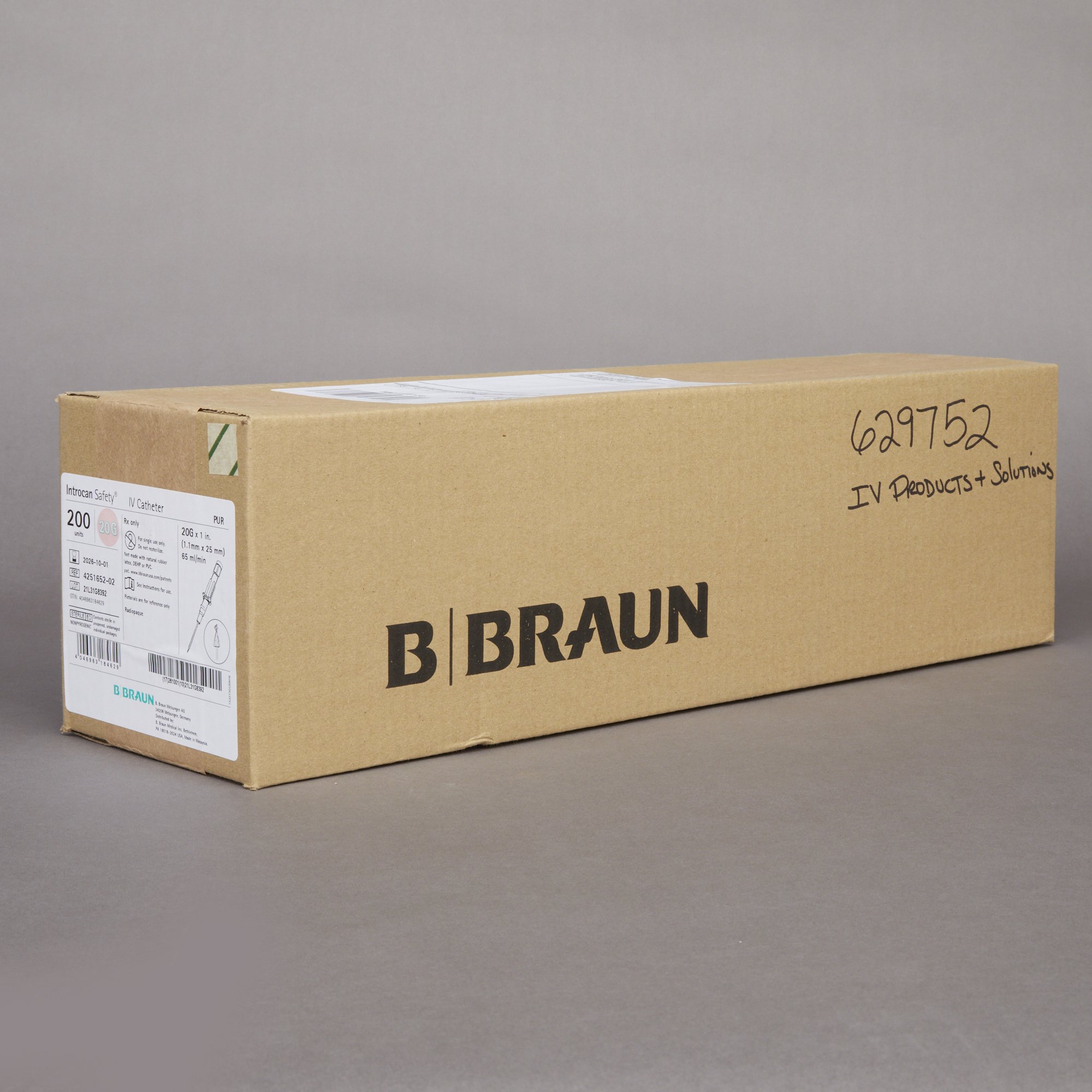 B. Braun 4251652-02 - Introcan Safety® Peripheral IV Catheter, 20 Gauge, Straight - 1/Each, 50/Box, 200/Case