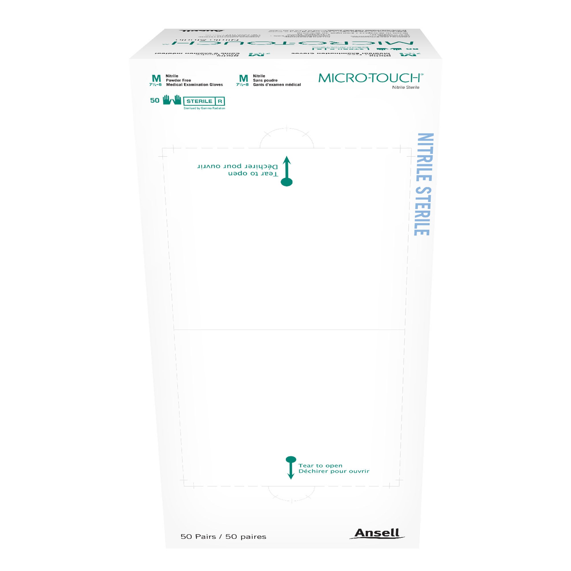 Ansell - 6034152 Exam Glove Micro-Touch® Nitrile Sterile Medium 50 Pairs per Box Sterile Pair Nitrile Extended Cuff Length Textured Fingertips Blue Chemo Tested