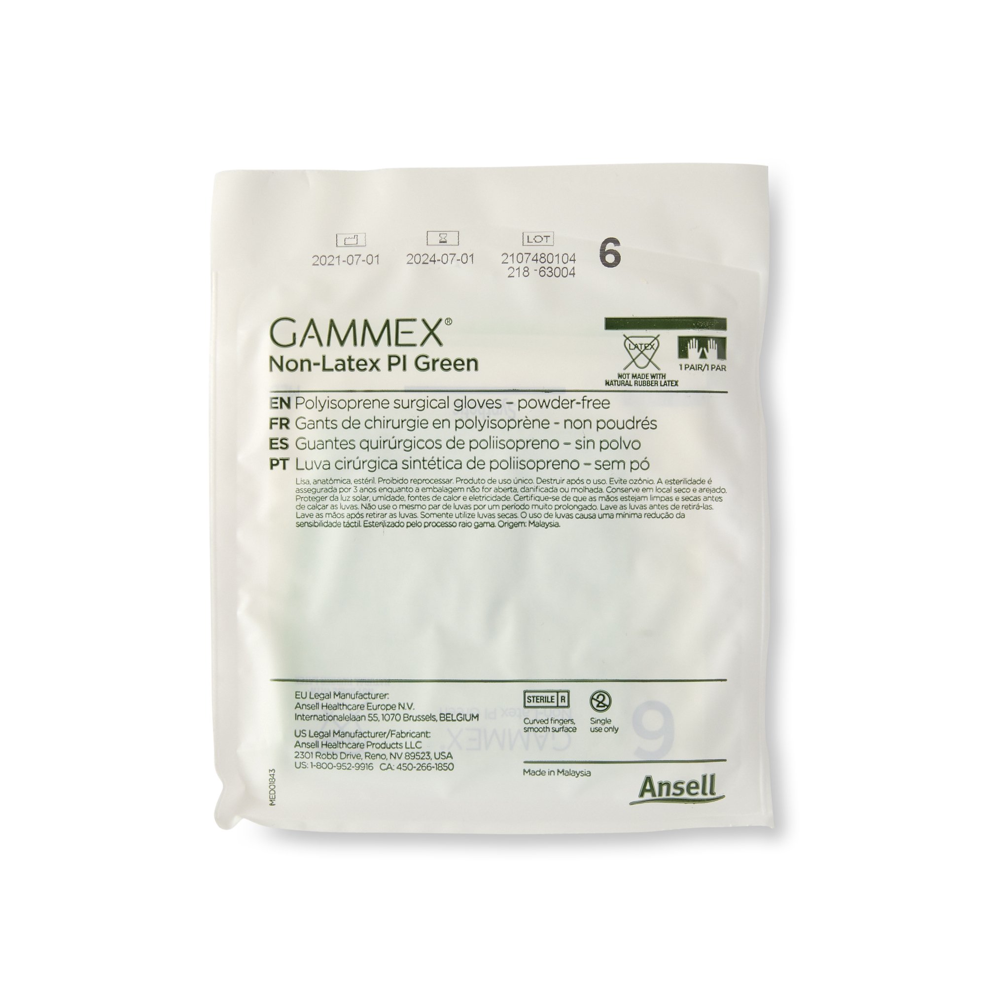 Ansell 20685260 - Gammex® Non-Latex PI Green Polyisoprene Surgical Glove, Size 6, Light Green - 50/Box, 200/Case