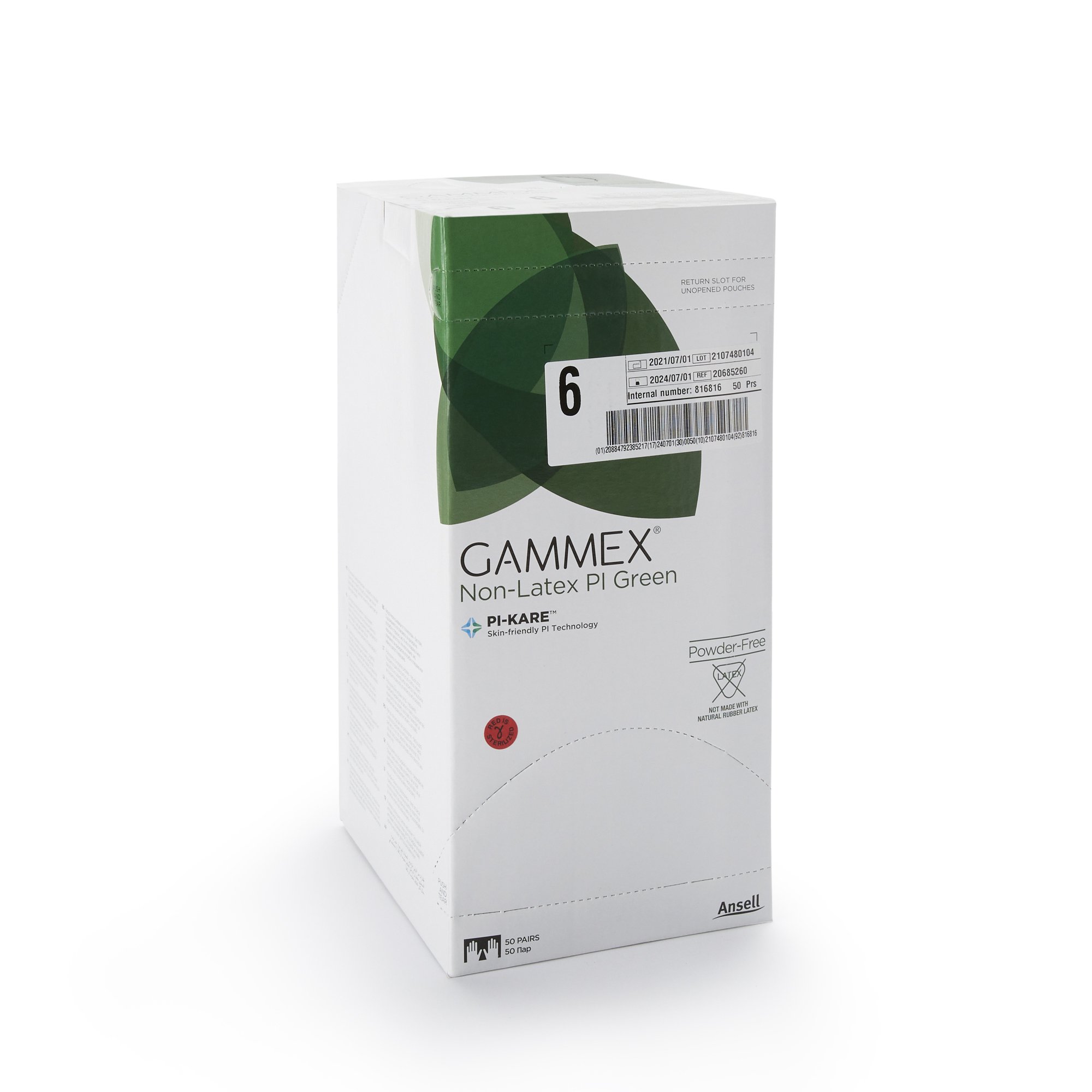 Ansell 20685260 - Gammex® Non-Latex PI Green Polyisoprene Surgical Glove, Size 6, Light Green - 50/Box, 200/Case