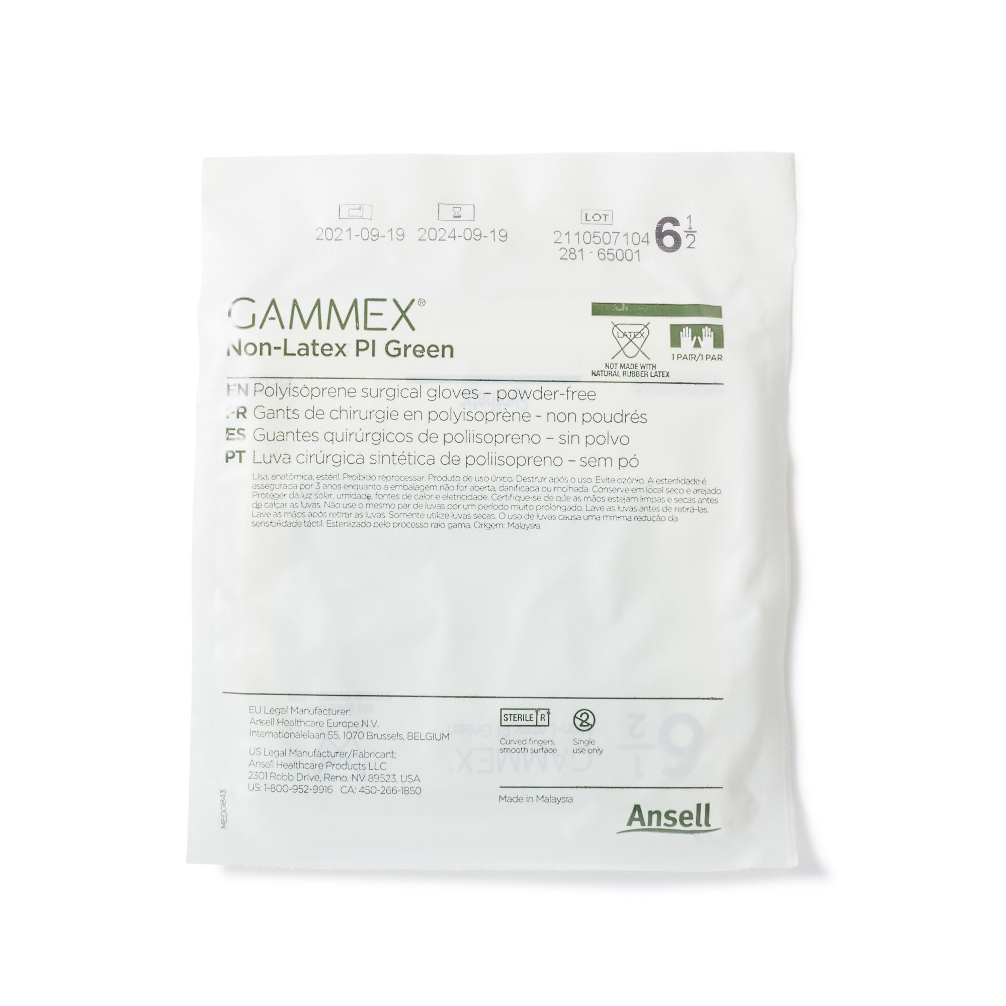 Ansell 20685265 - Gammex® Non-Latex PI Green Polyisoprene Surgical Glove, Size 6.5, Light Green - 50/Box, 200/Case