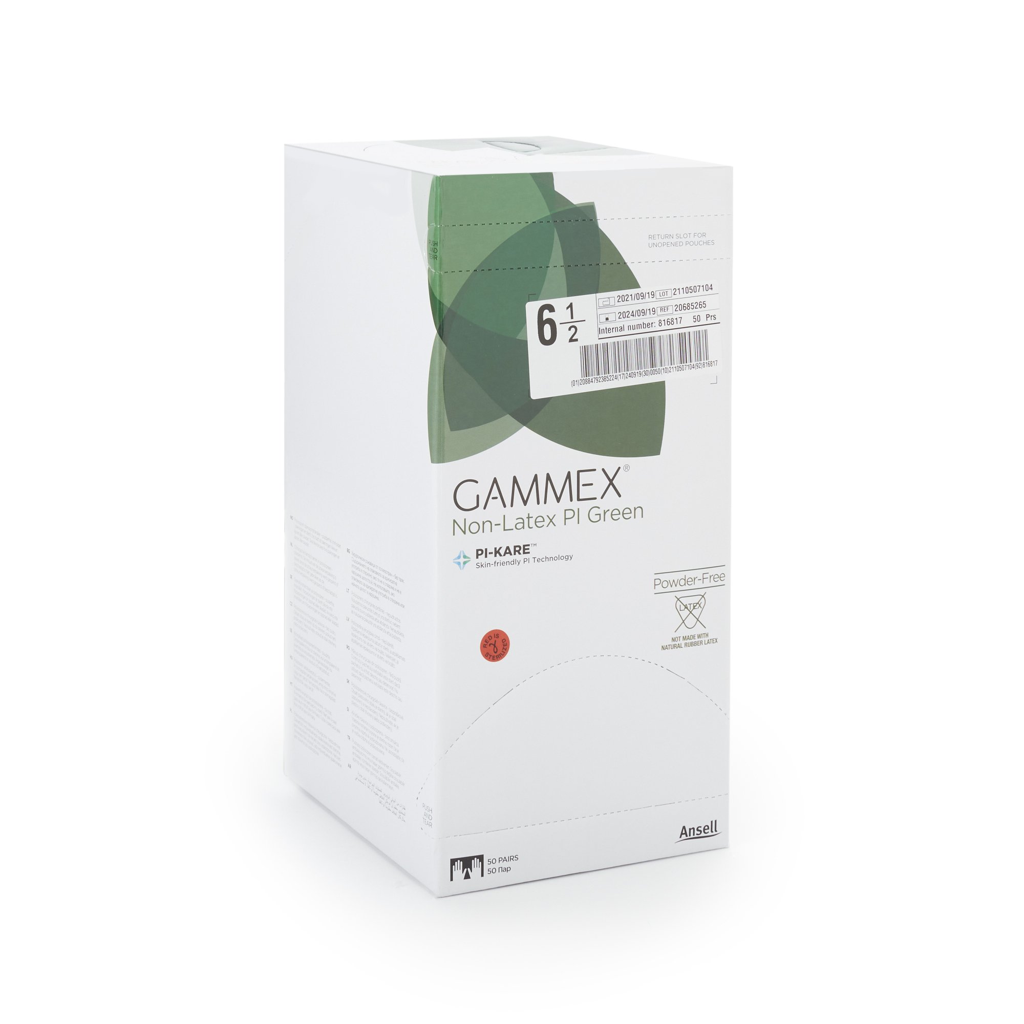 Ansell 20685265 - Gammex® Non-Latex PI Green Polyisoprene Surgical Glove, Size 6.5, Light Green - 50/Box, 200/Case