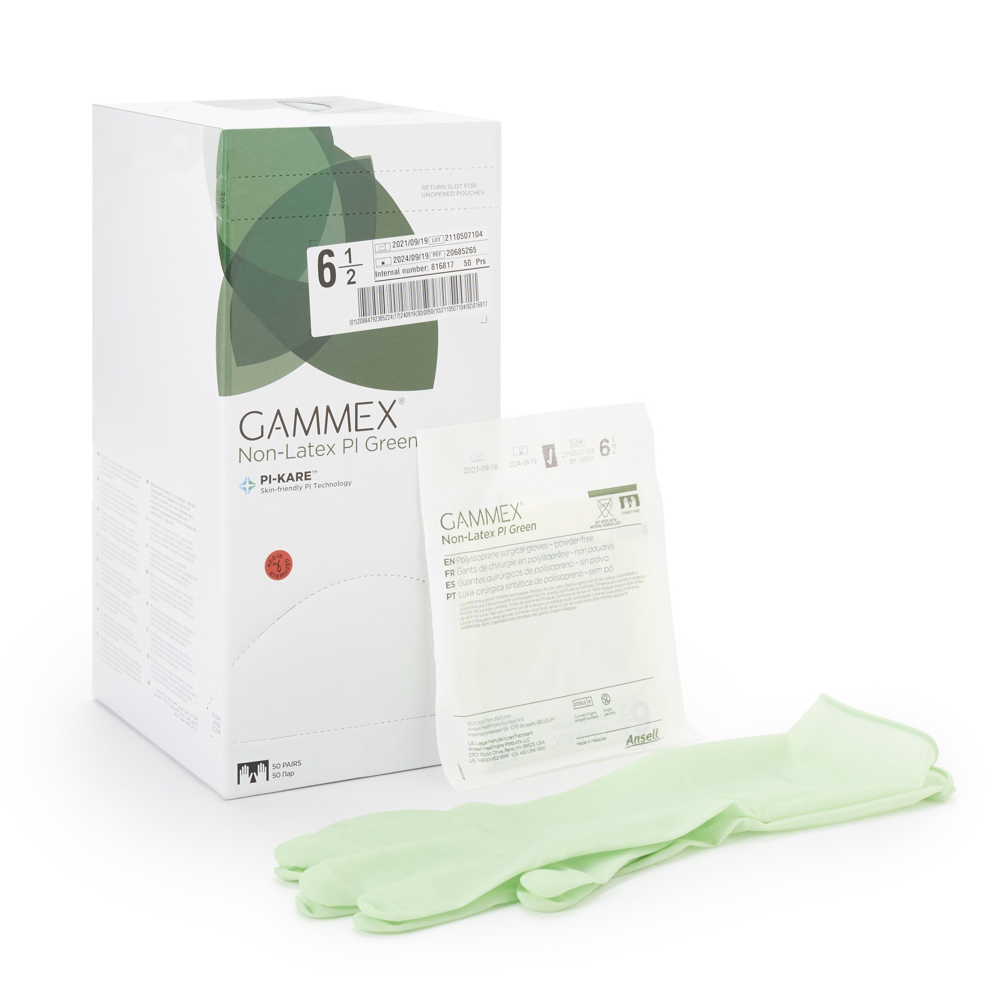 Ansell 20685265 - Gammex® Non-Latex PI Green Polyisoprene Surgical Glove, Size 6.5, Light Green - 50/Box, 200/Case