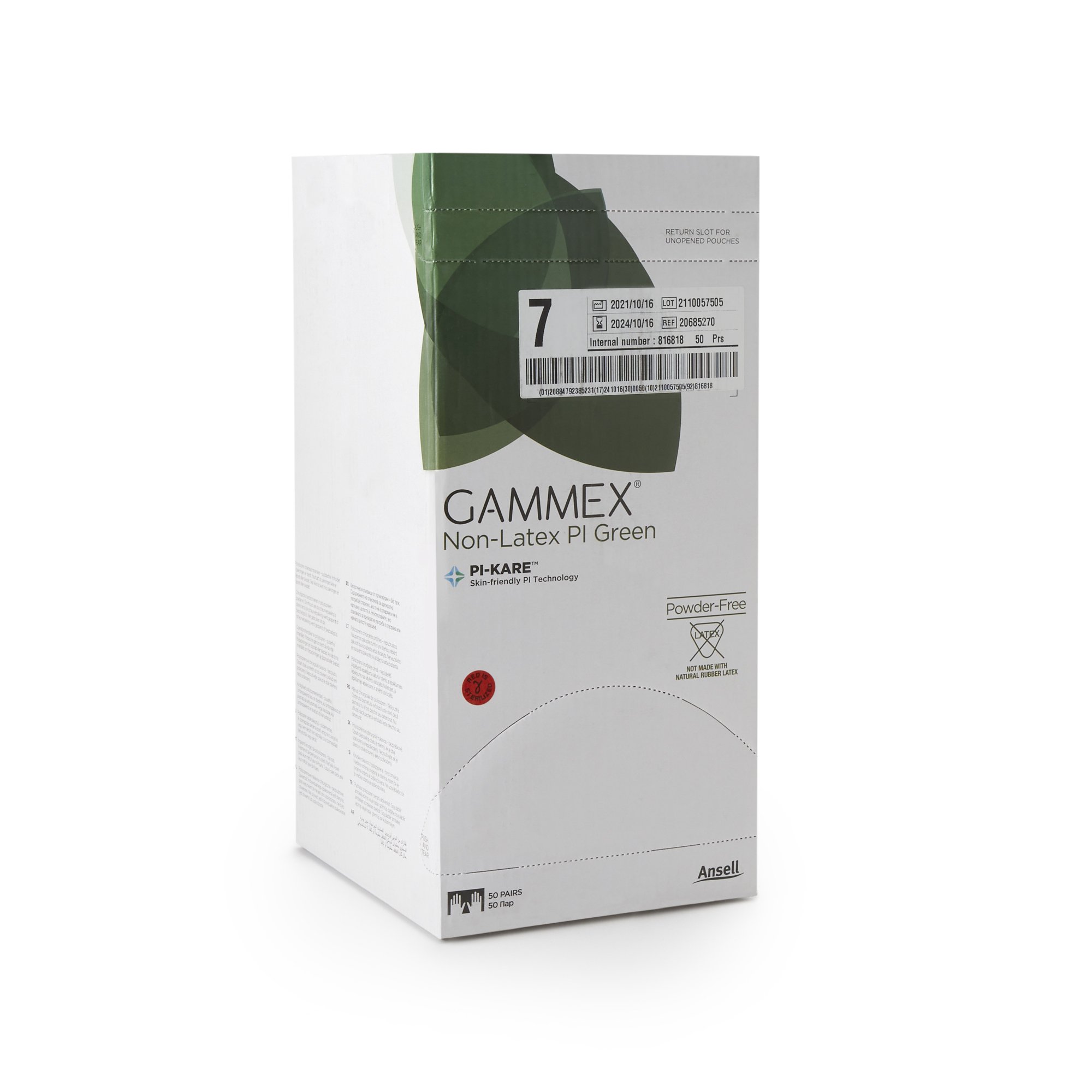 Ansell 20685270 - Gammex® Non-Latex PI Green Polyisoprene Surgical Glove, Size 7, Light Green - 50/Box, 200/Case