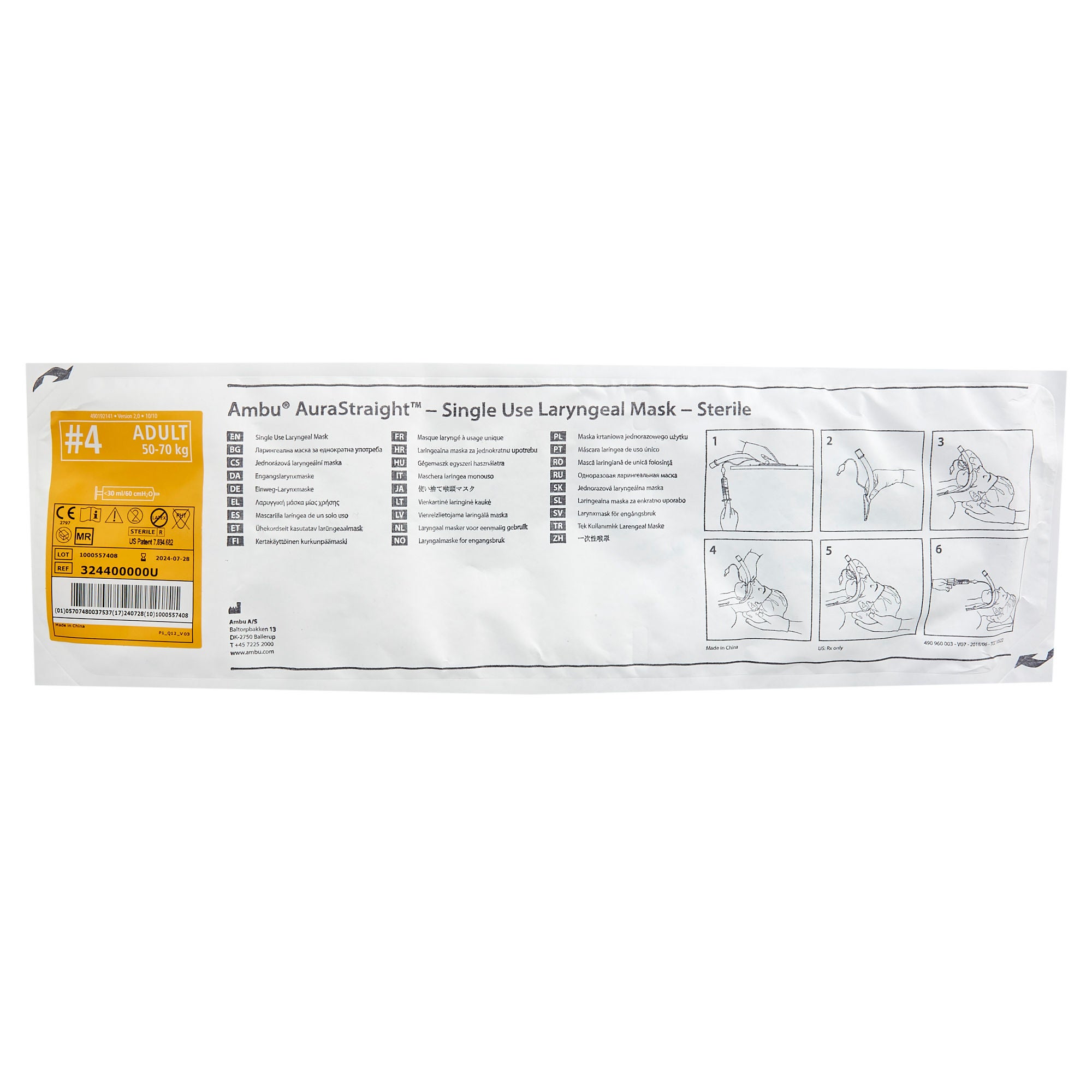 Ambu - 324400000U Straight Laryngeal Mask AuraStraight™ Size 4 30 mL Cuff PP / PVC / Silicone Single Patient Use Sterile