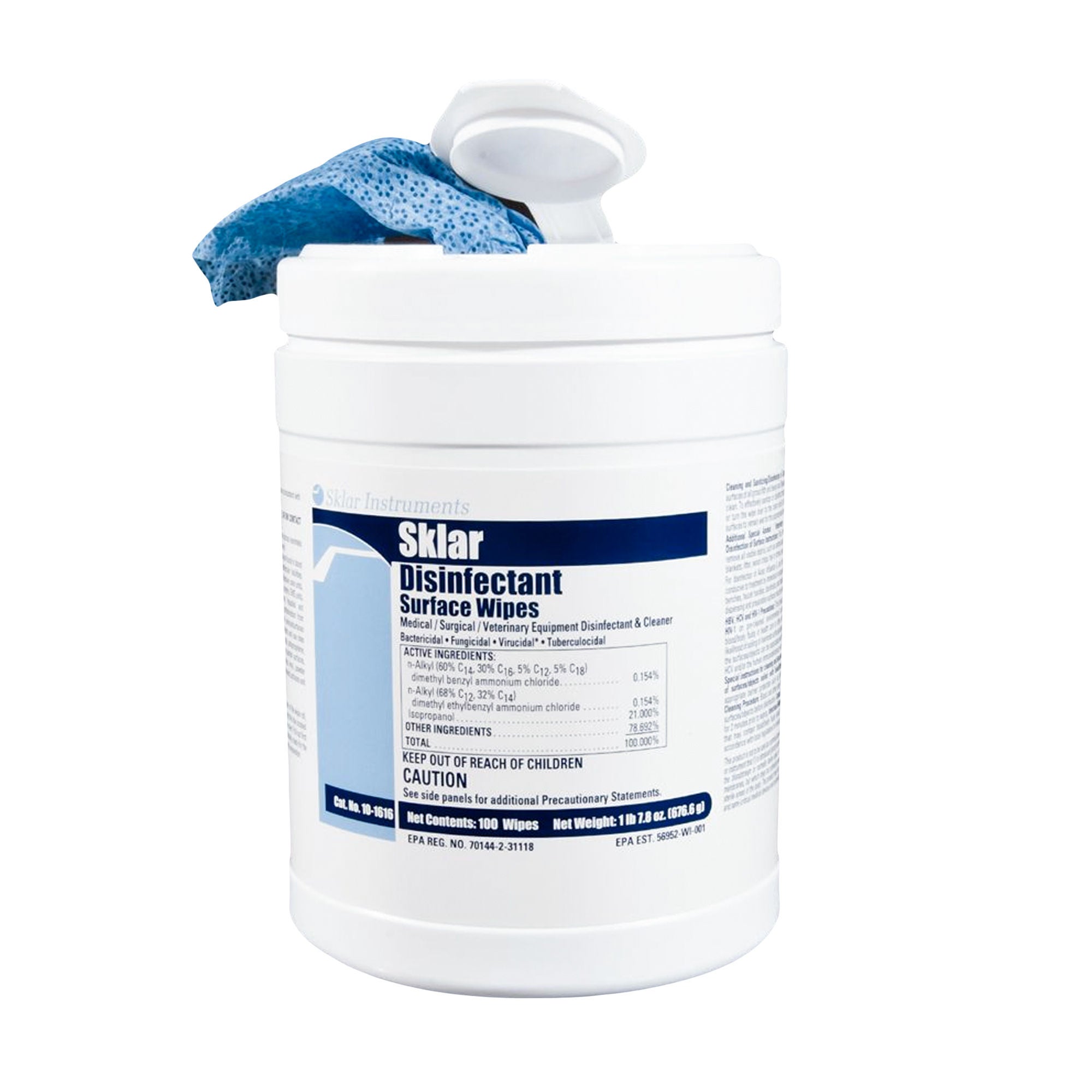 Sklar - 10-1616 Surface Disinfectant Cleaner Sklar® Premoistened Alcohol Based Manual Pull Wipe 100 Count Canister Alcohol Scent NonSterile