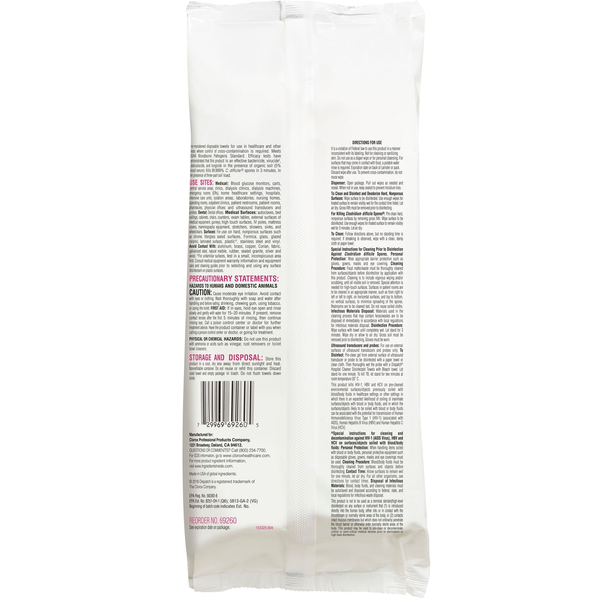 The Clorox Company - 69260 Surface Disinfectant Cleaner Dispatch® with Bleach Premoistened Manual Pull Wipe 60 Count Soft Pack Fruity Floral Bleach Scent NonSterile