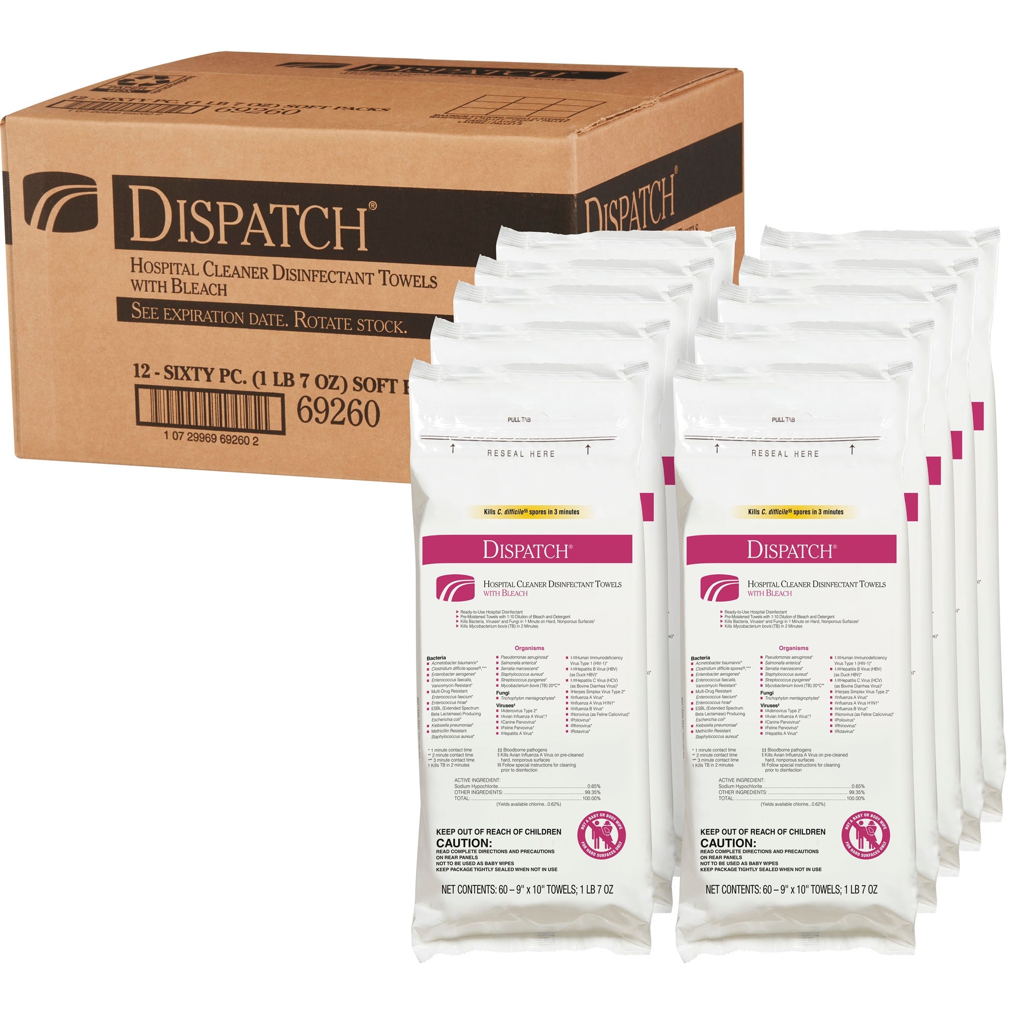 The Clorox Company - 69260 Surface Disinfectant Cleaner Dispatch® with Bleach Premoistened Manual Pull Wipe 60 Count Soft Pack Fruity Floral Bleach Scent NonSterile