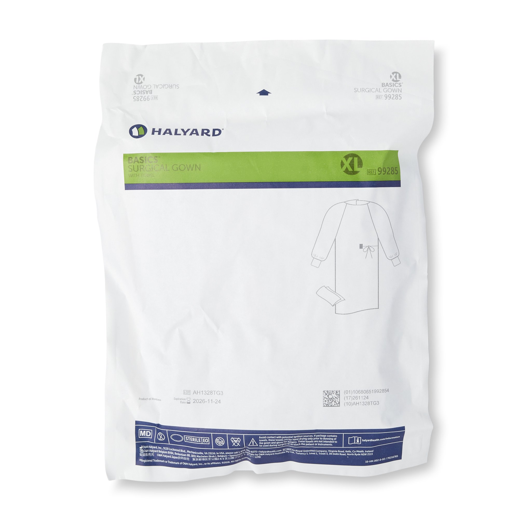 O&M Halyard Inc 99285 - Halyard Basics Nonreinforced Surgical Gown with Towel, Extra Large - 1/Each, 20/Case
