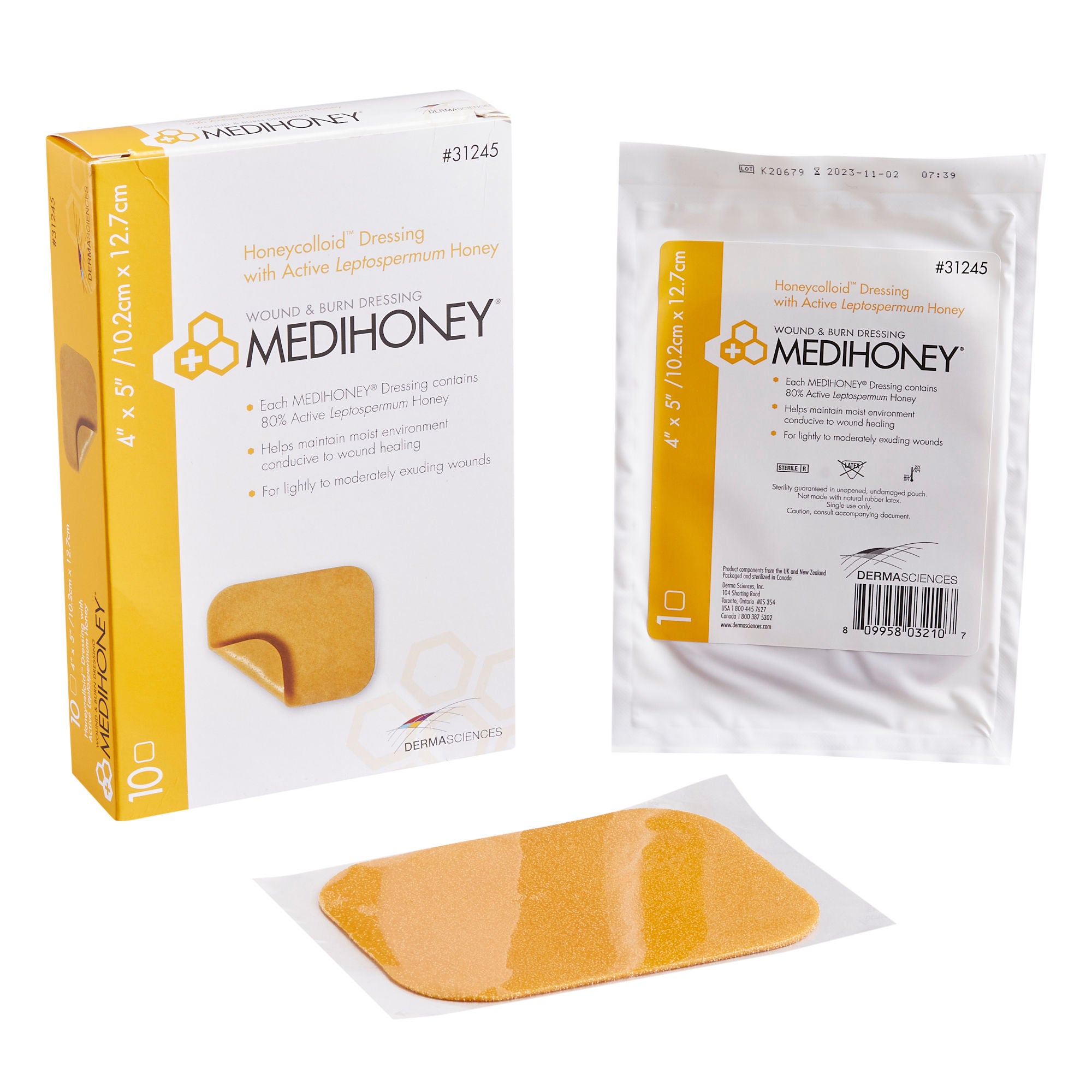 McKesson Brand - 31245 Honey Hydrocolloid Dressing MEDIHONEY® Honeycolloid™ Rectangle 4 X 5 Inch Sterile