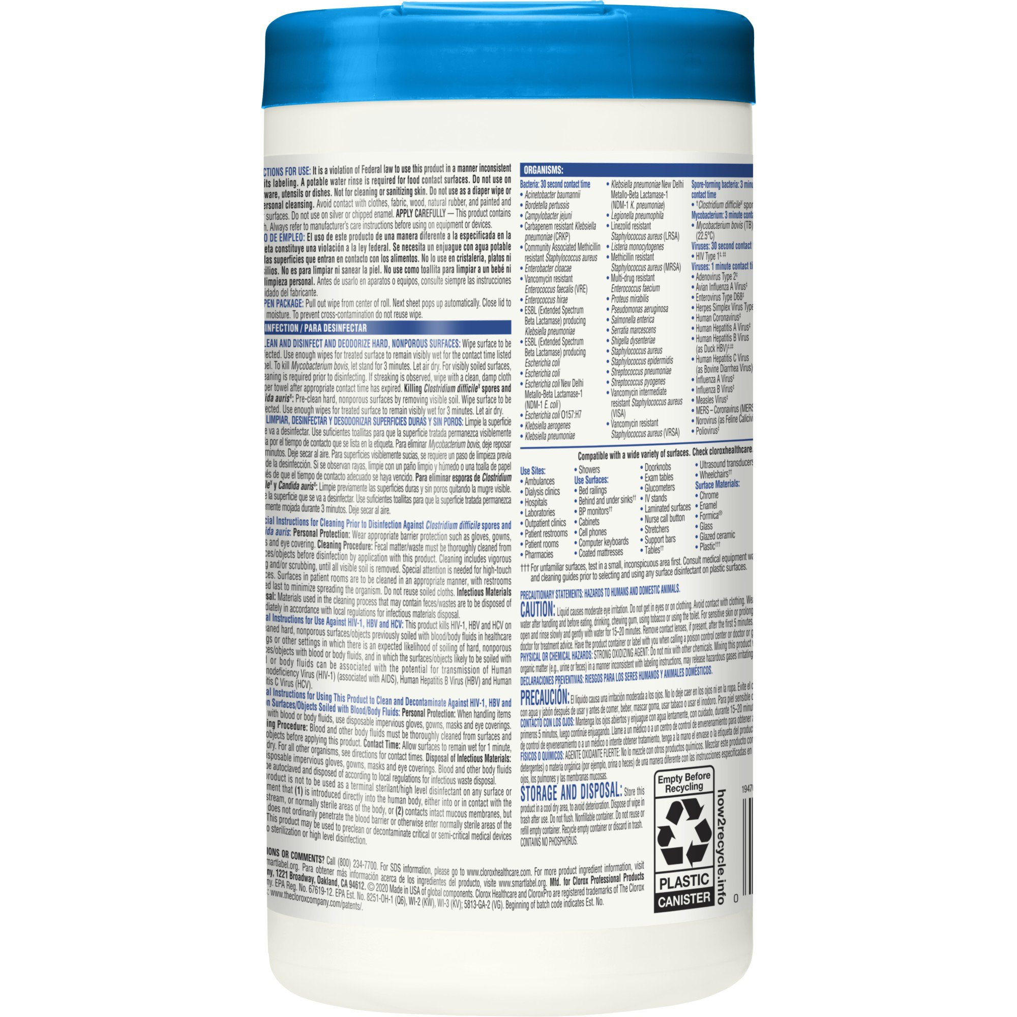 The Clorox Company 35309 - Clorox Healthcare® Bleach Germicidal Wipes, Canister, 70 ct. - 1/Carton, 6/Case