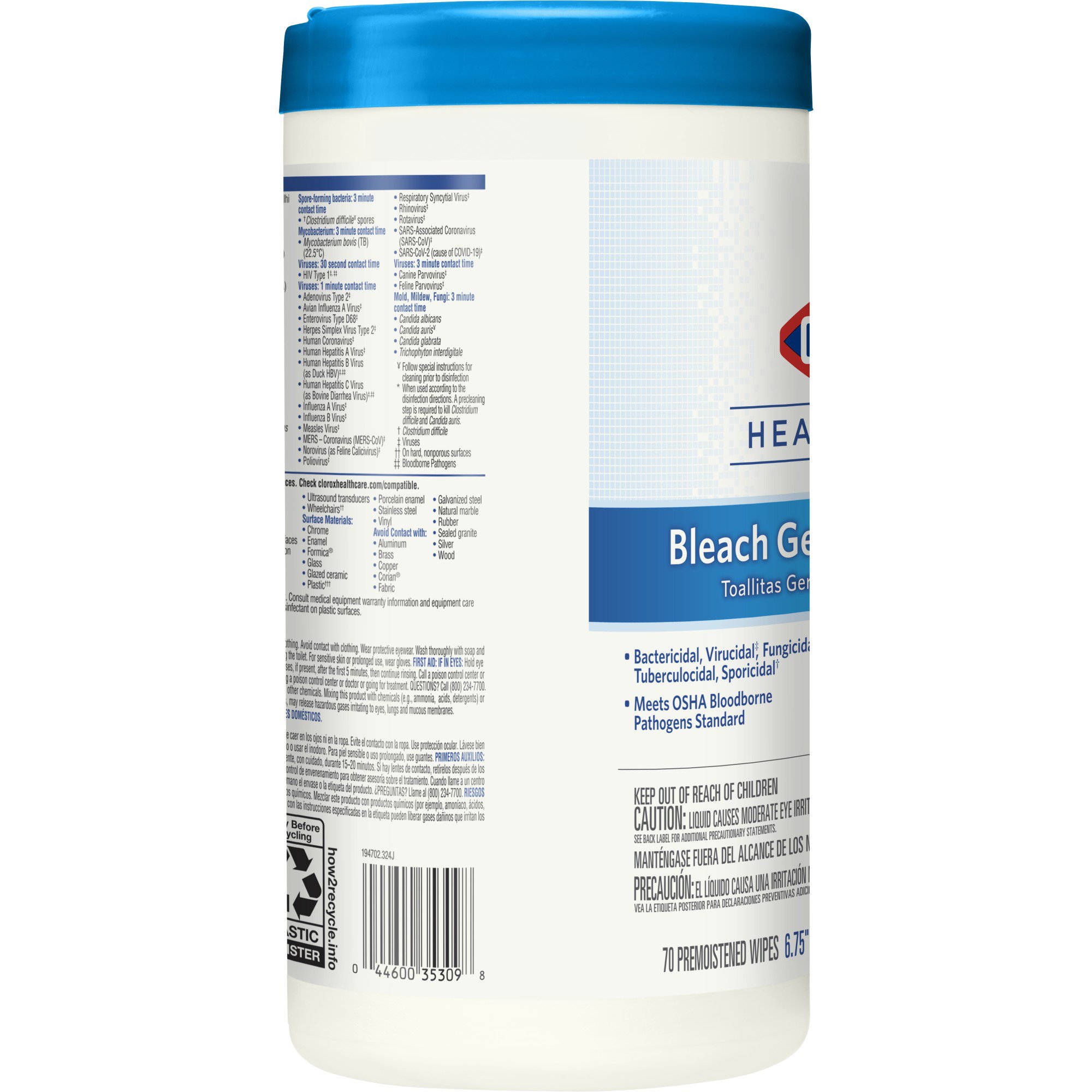 The Clorox Company 35309 - Clorox Healthcare® Bleach Germicidal Wipes, Canister, 70 ct. - 1/Carton, 6/Case