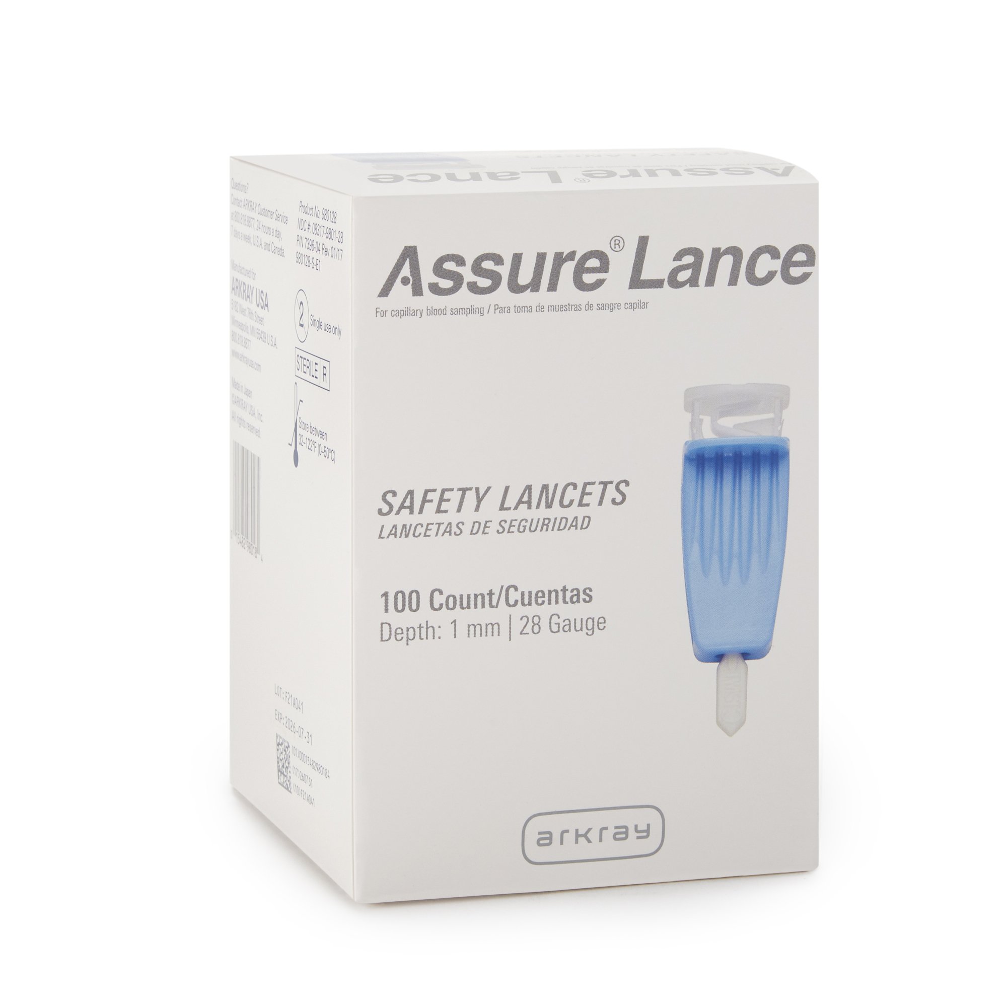 Arkray USA 980128 - Assure® Safety Lancet, 28 Gauge, 1.0 mm Depth, Light Blue - 100/Box, 4800/Case