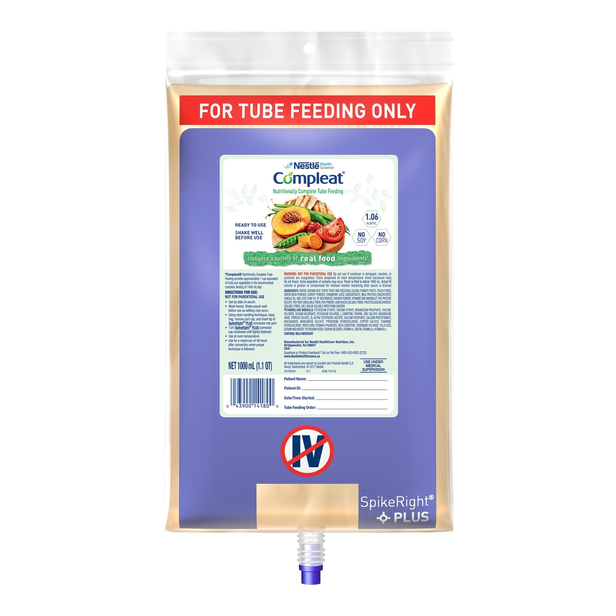 Nestle Healthcare Nutrition 10043900141807 - Compleat® Original Nutritionally Complete Tube Feeding, 1000 mL Bag - 1/Each, 6/Case