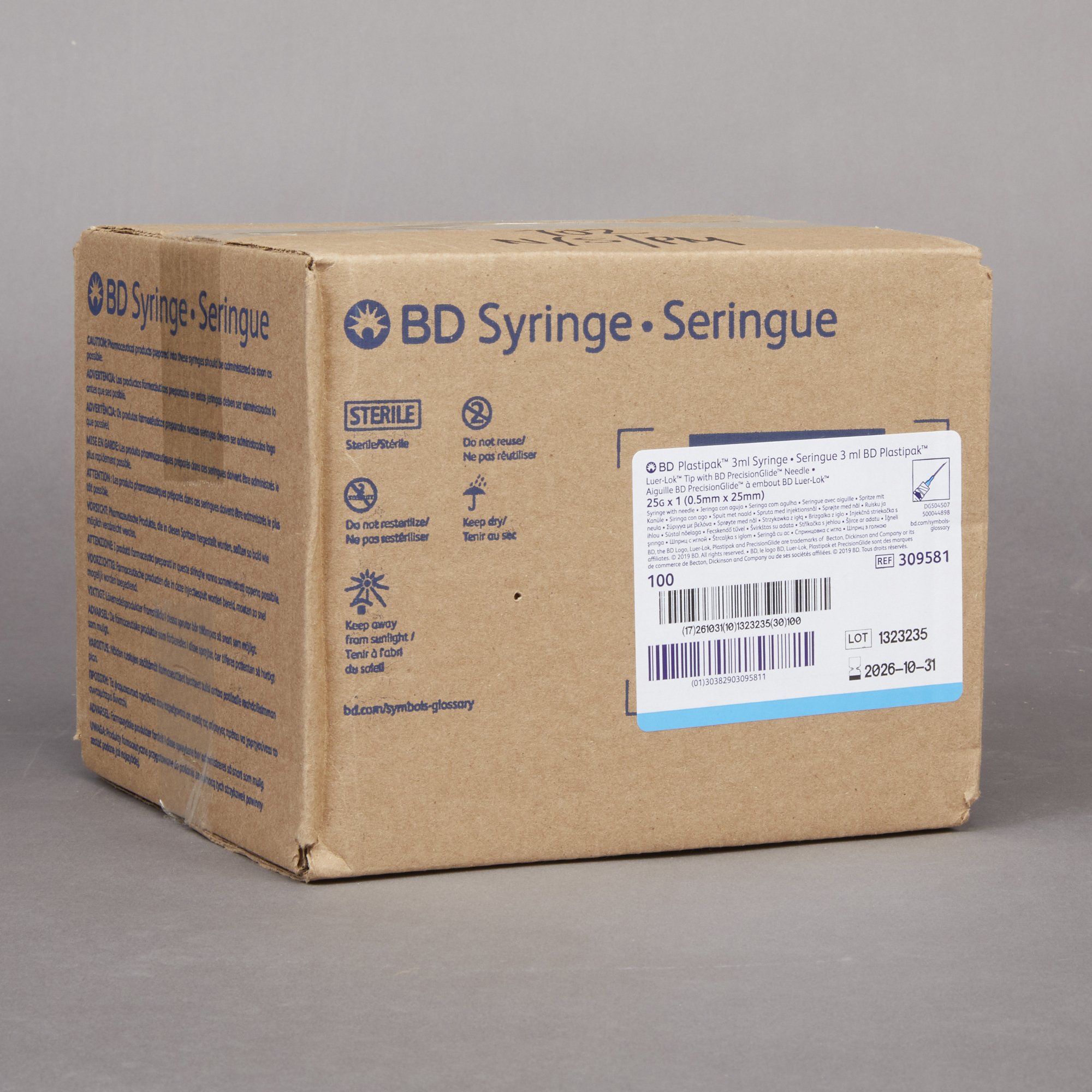 BD 309581 - PrecisionGlide™ 3 mL Syringe with Hypodermic Needle, 25 Gauge, 1 Inch - 100/Box, 800/Case