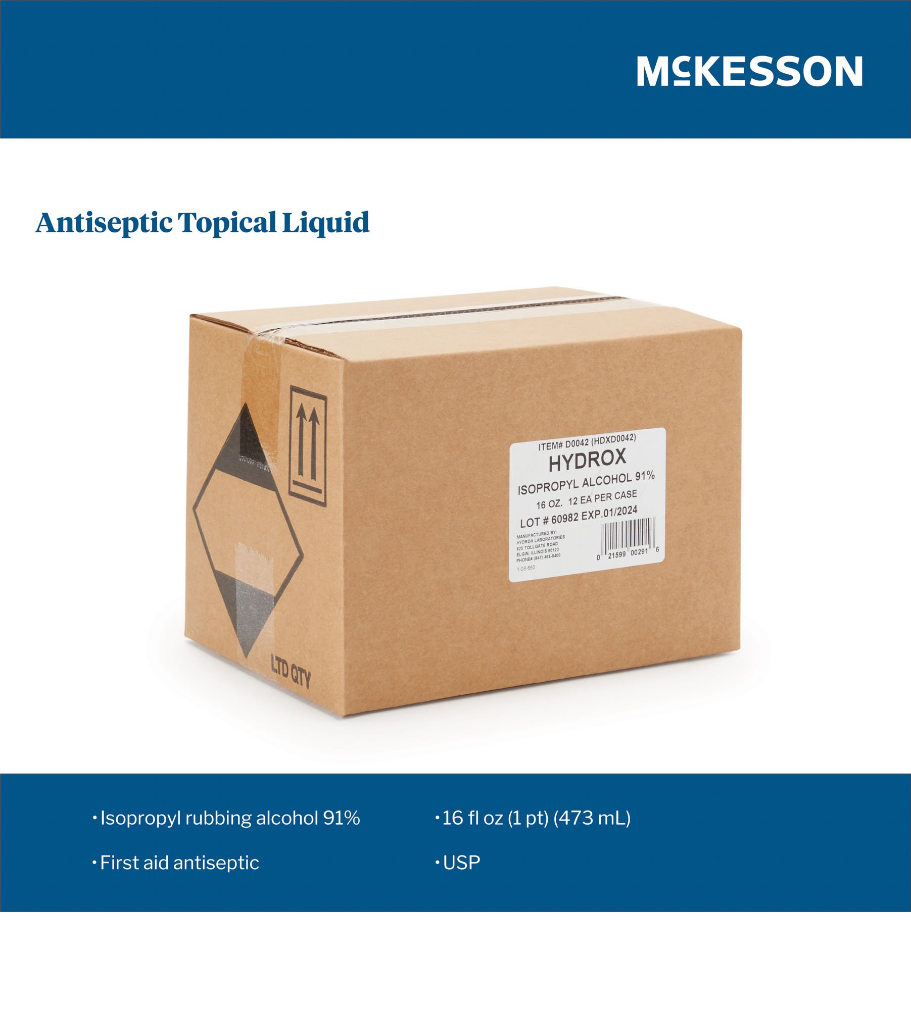 McKesson Brand D0042 - McKesson 91% Isopropyl Alcohol, 16-ounce Bottle - 1/Each, 12/Case
